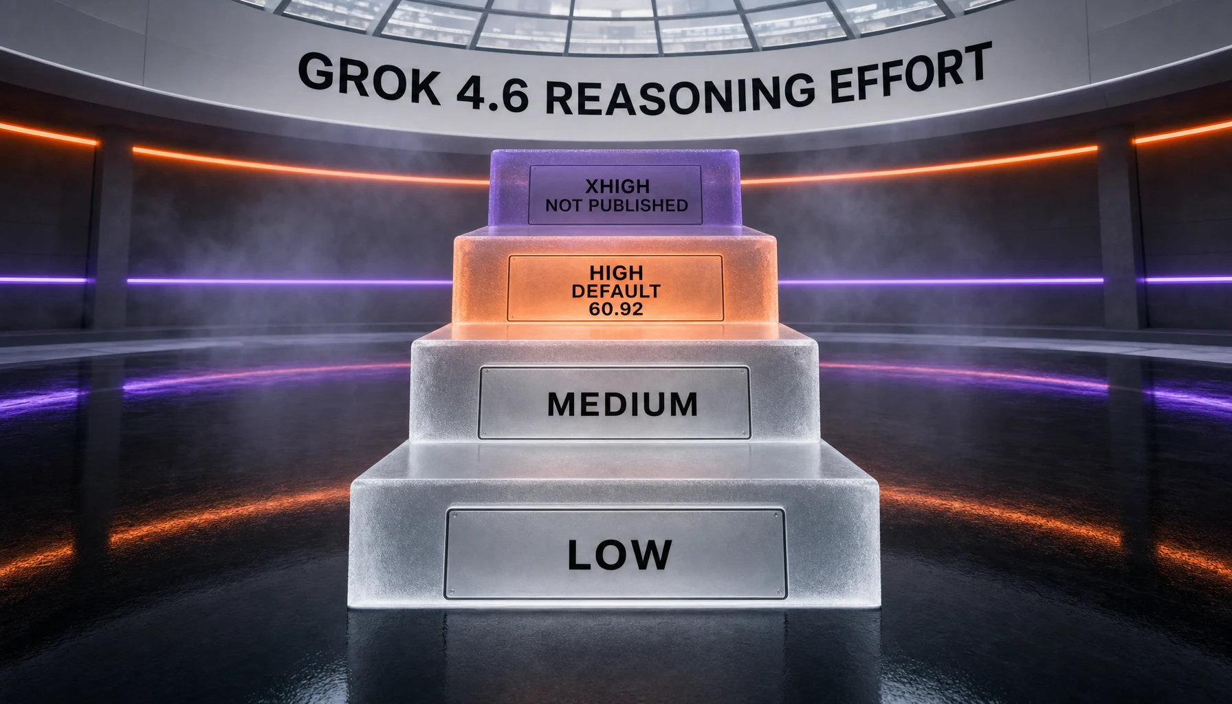 Grok 4.6 ships four reasoning efforts — low, medium, high and xhigh — and Artificial Analysis publishes a score only at high, its default, where it scores 60.92