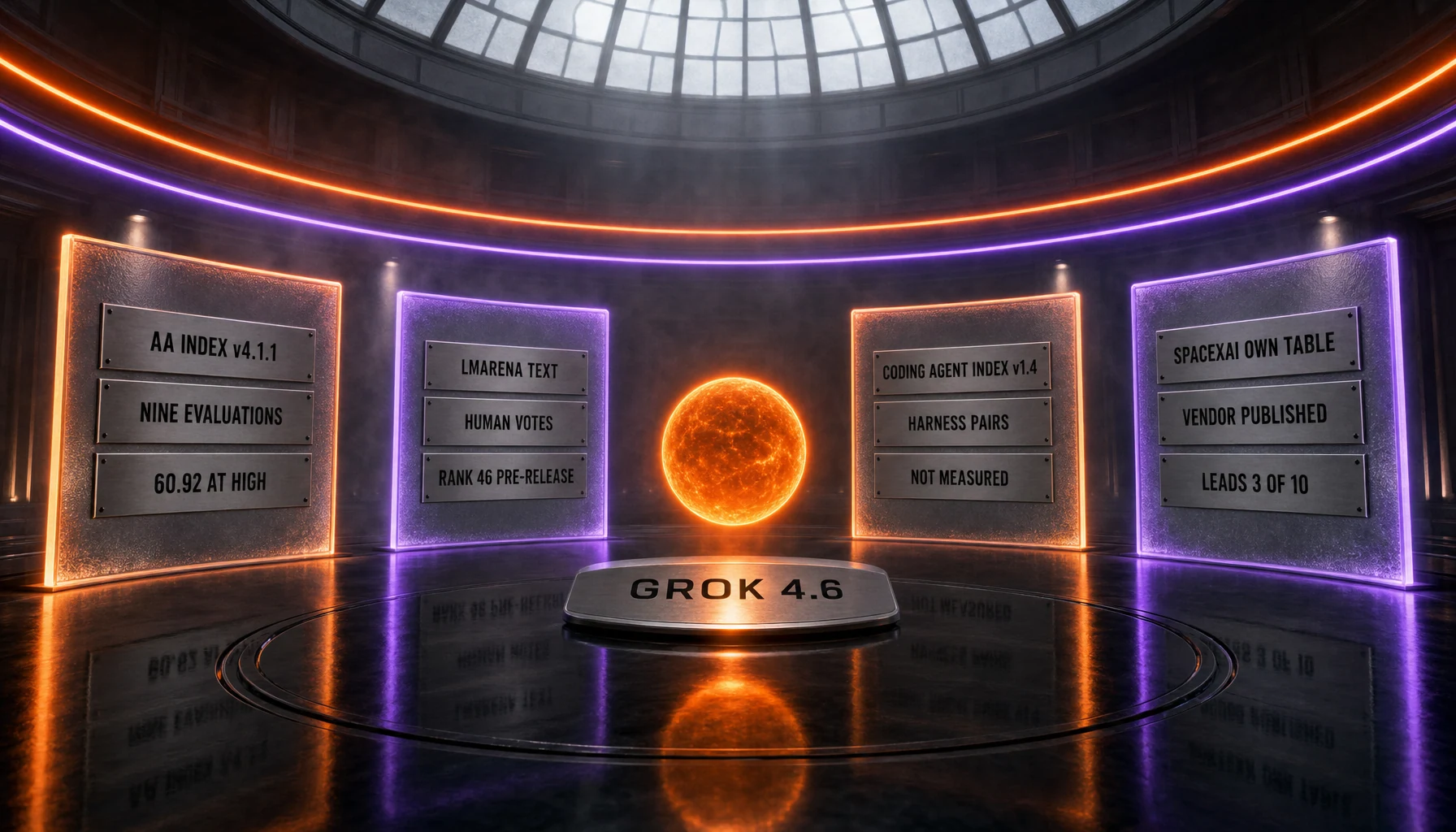 Four instruments give four different readings of Grok 4.6: the AA Intelligence Index v4.1.1 at 60.92 at high effort, LMArena at rank 46 with a pre-release flag, the Coding Agent Index v1.4 where it is not measured, and the vendor table where it leads 3 of 10 rows