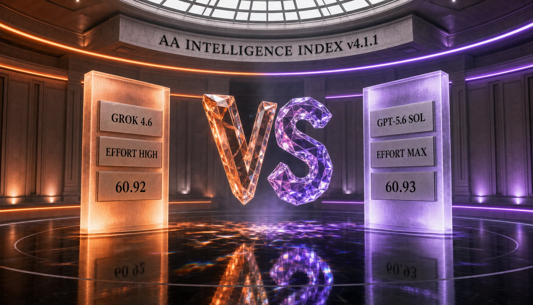 Grok 4.6 scores 60.92 on the Artificial Analysis Intelligence Index v4.1.1 against 60.93 for GPT-5.6 Sol, measured at high effort against max effort