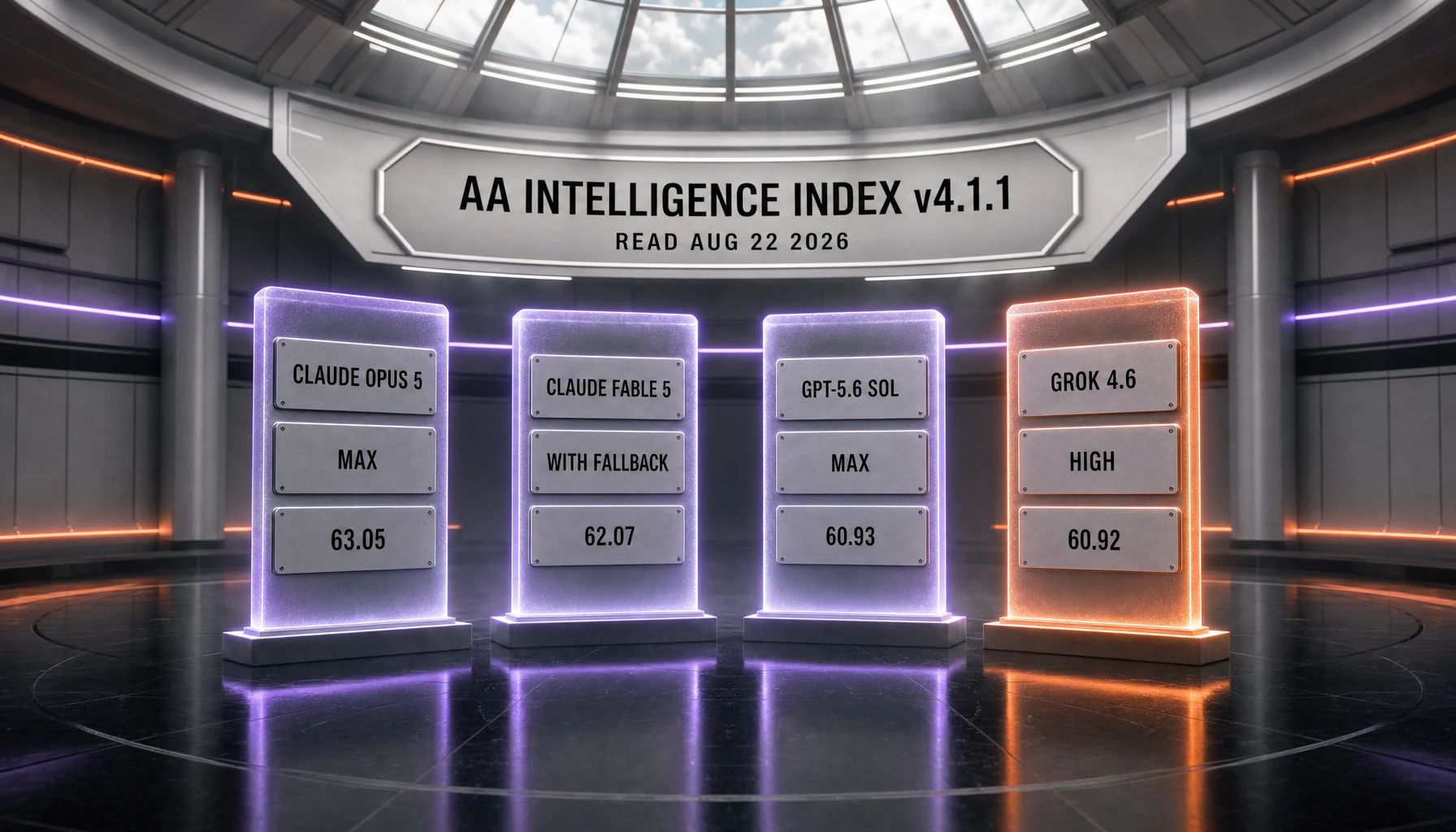 The top four models on the Artificial Analysis Intelligence Index v4.1.1 read on August 22, 2026, each with the reasoning effort it was measured at: Claude Opus 5 at max 63.05, Claude Fable 5 with fallback 62.07, GPT-5.6 Sol at max 60.93 and Grok 4.6 at high 60.92