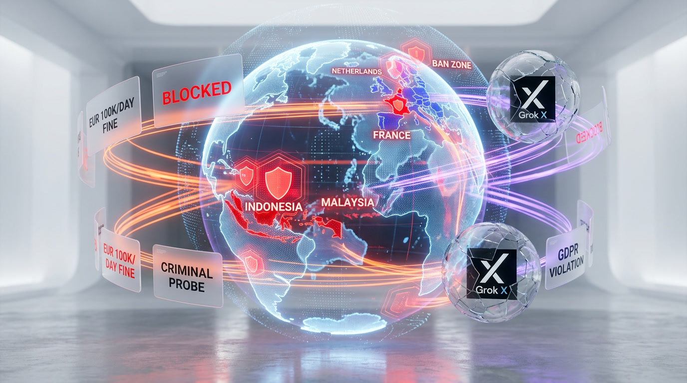 Global map showing countries that banned or investigated Grok AI over deepfake generation in 2026, with regulatory actions marked across five continents