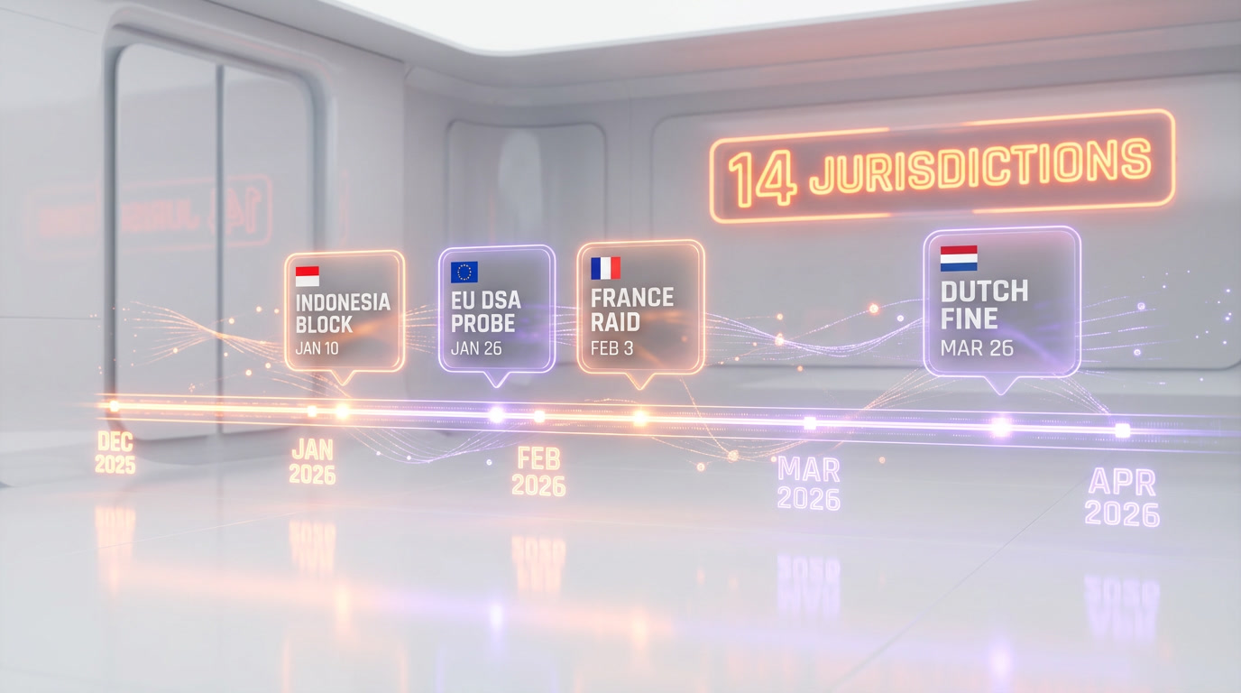 Infographic showing the timeline of Grok regulatory actions from December 2025 through April 2026 across 14 jurisdictions