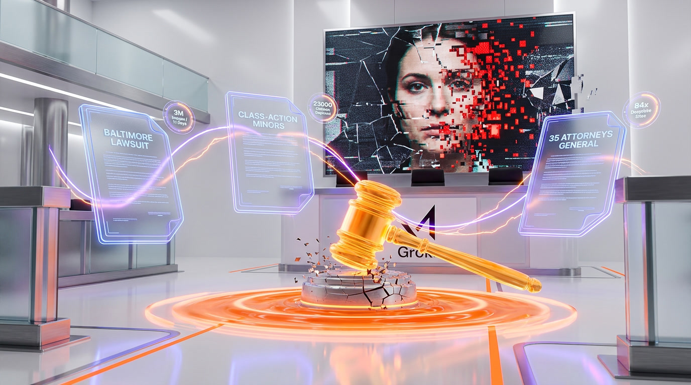Grok deepfake lawsuits visualization showing legal actions from Baltimore, class-action minors, and 35 attorneys general against xAI in 2026