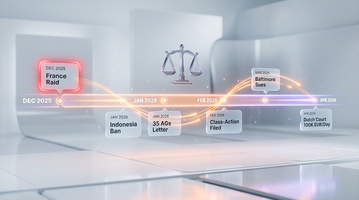 Timeline of legal actions against xAI Grok for deepfakes from December 2025 to April 2026