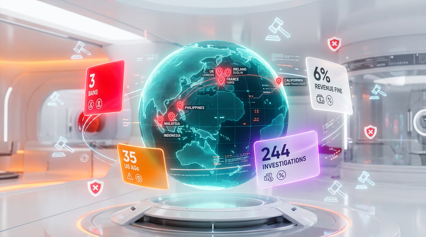 World map showing countries that banned Grok and opened investigations into xAI deepfakes