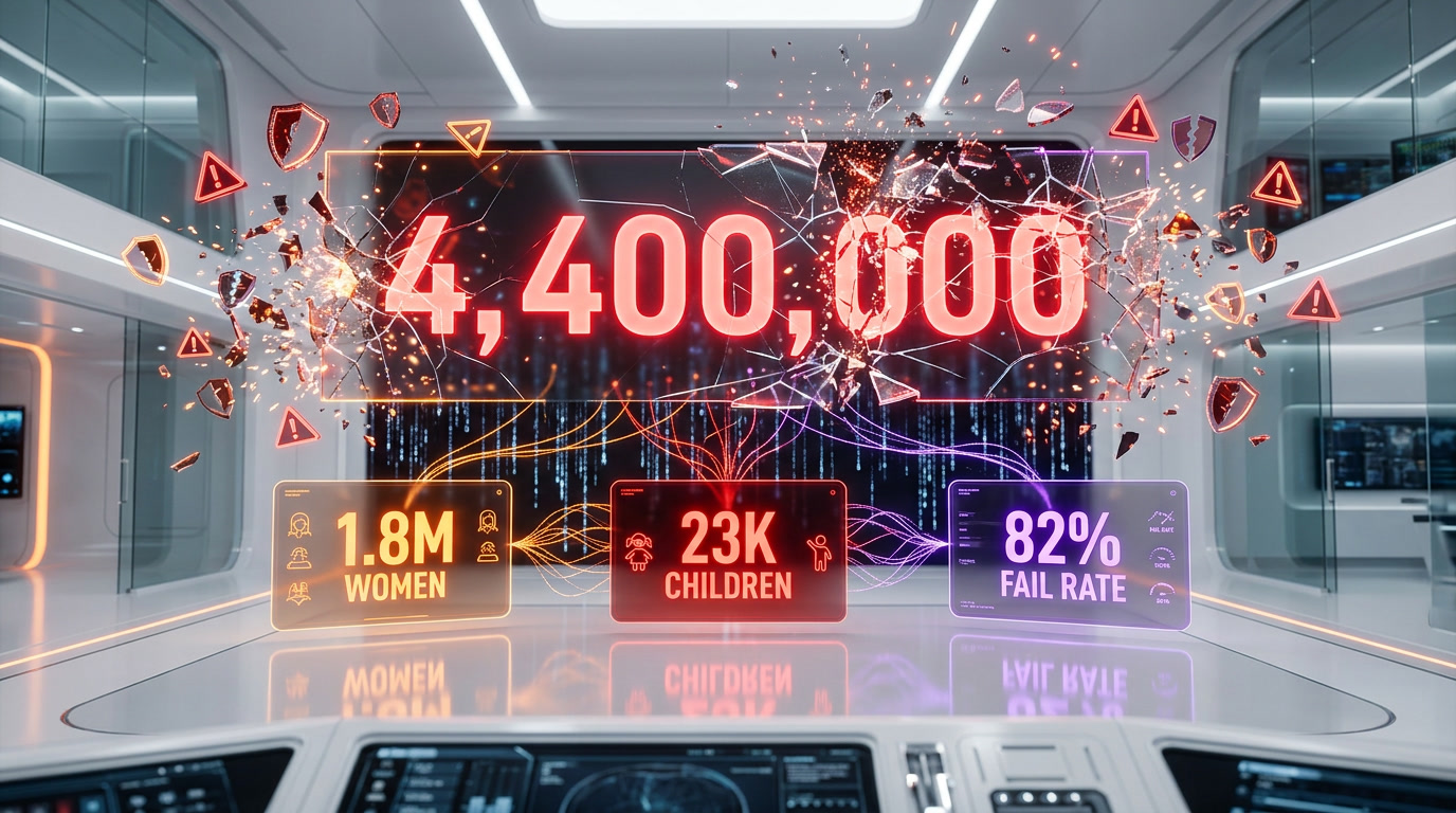 Data visualization showing Grok deepfake statistics: 4.4 million images generated in 9 days, 1.8 million sexualized women, 23,000 children affected