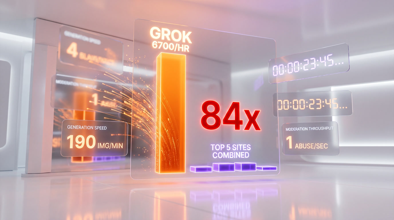 Chart showing Grok generating 6,700 sexualized images per hour versus the top 5 deepfake sites combined