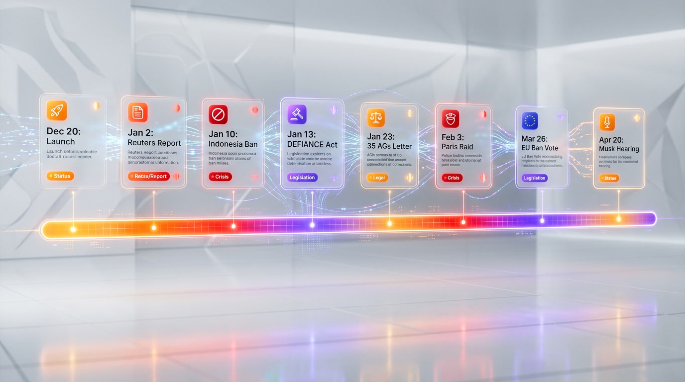 Grok deepfake scandal timeline from December 2025 to April 2026 showing key events