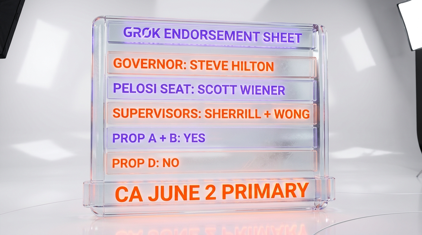 Grok endorsement sheet for the California June 2 primary — governor Hilton, Pelosi seat Wiener, SF supervisors Sherrill and Wong, yes on Props A, B, C, no on Prop D