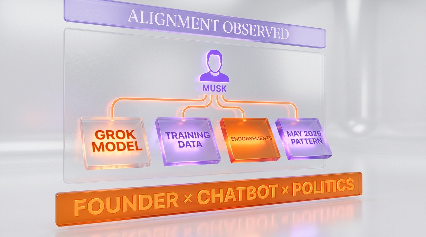 Pattern observed — the alignment between xAI founder political positioning, Grok model training, and the May 2026 endorsement output as documented by SF Standard