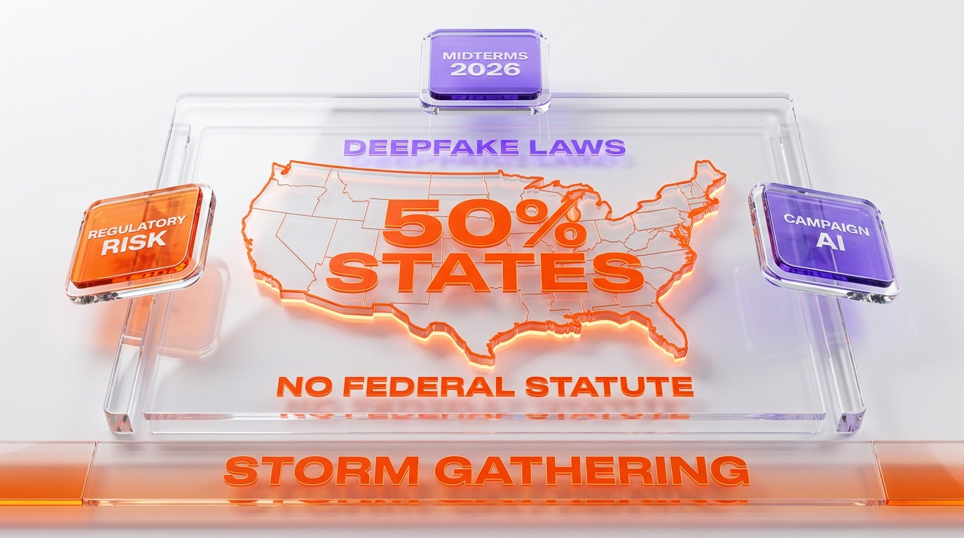 U.S. regulatory landscape — half of states have campaign-AI or deepfake statutes, no federal statute exists, midterms 2026 storm gathering around chatbot endorsement risk