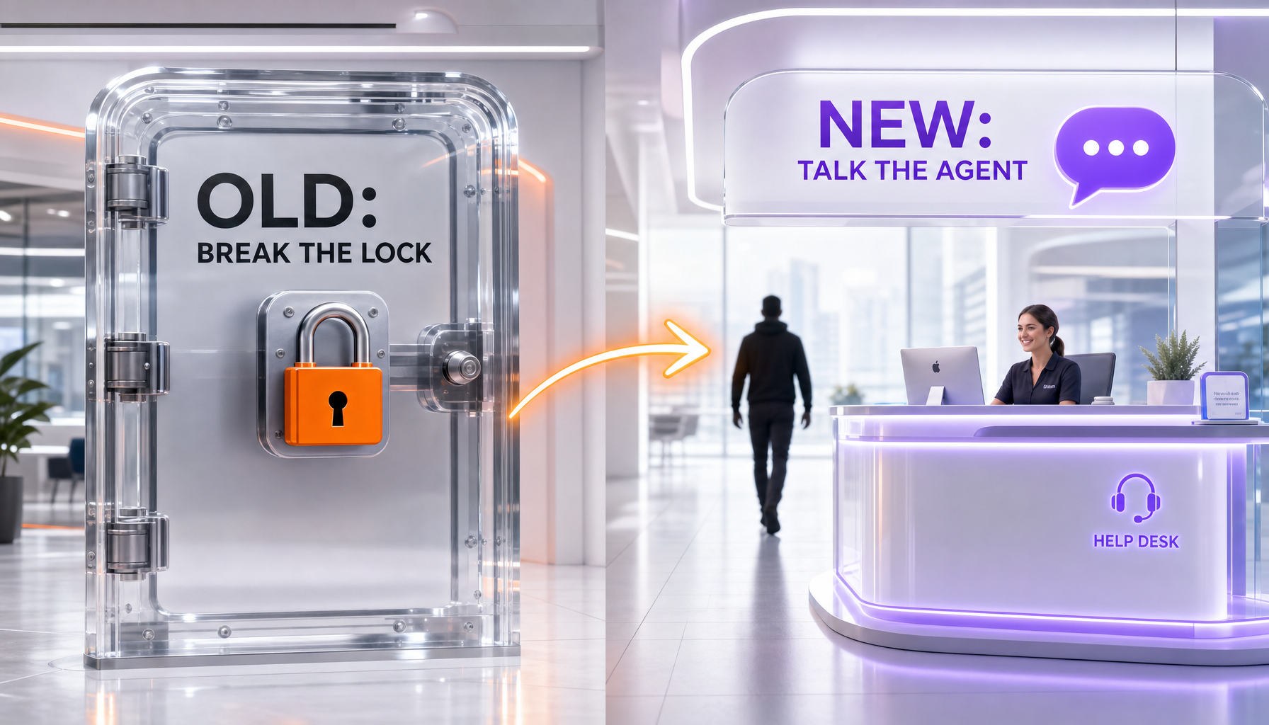 A glassmorphism diagram contrasting a traditional locked login door with an open conversational help desk an attacker walks through
