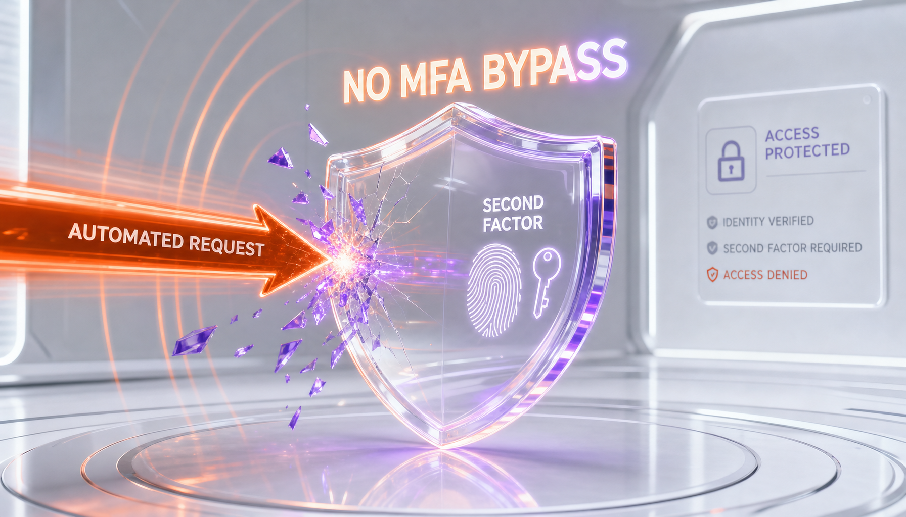 A glassmorphism shield blocking an automated recovery request, illustrating that multi-factor authentication stopped the attack