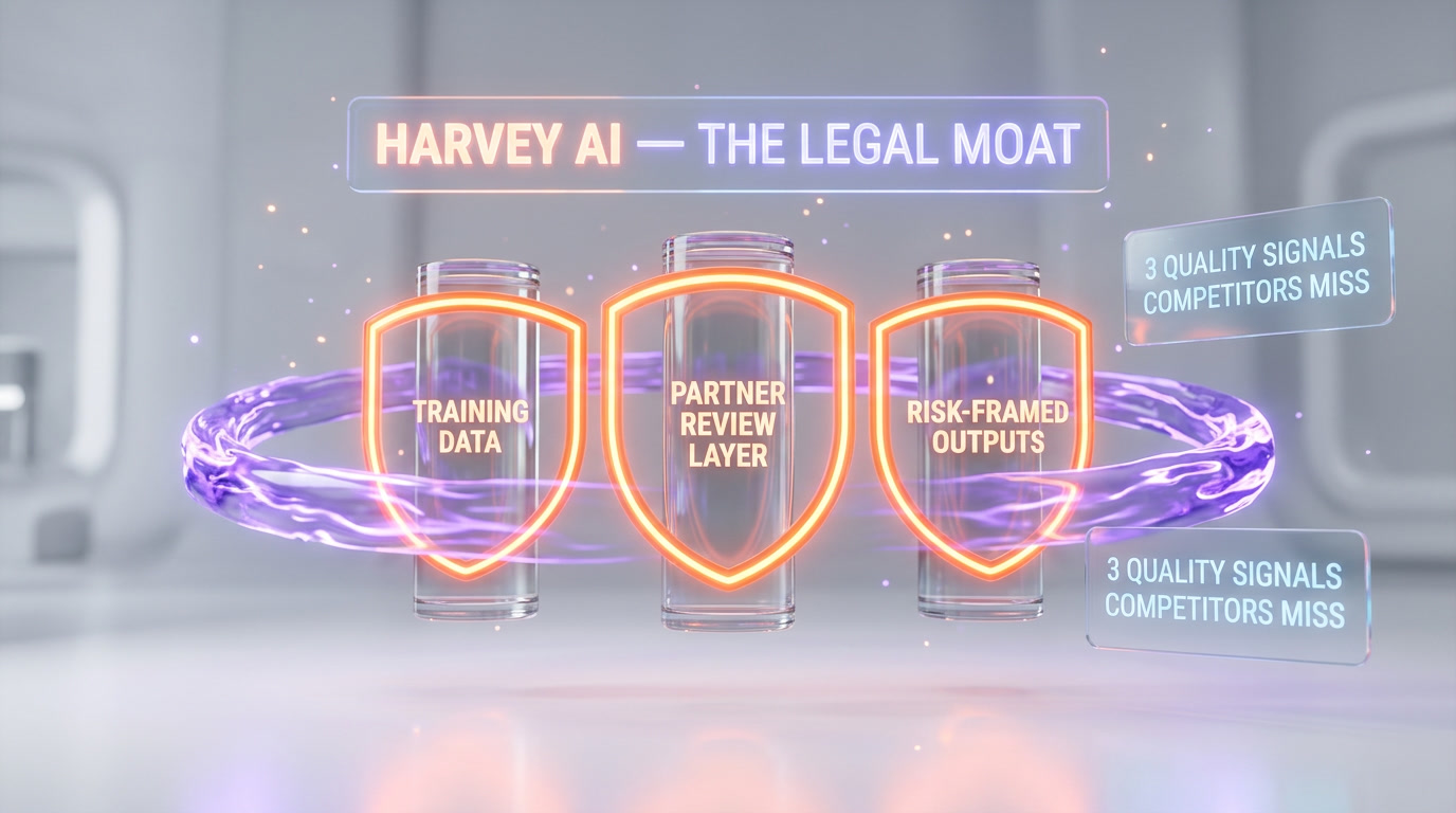 Harvey AI legal moat diagram — training data, partner review layer, risk-framed outputs protecting vertical AI position