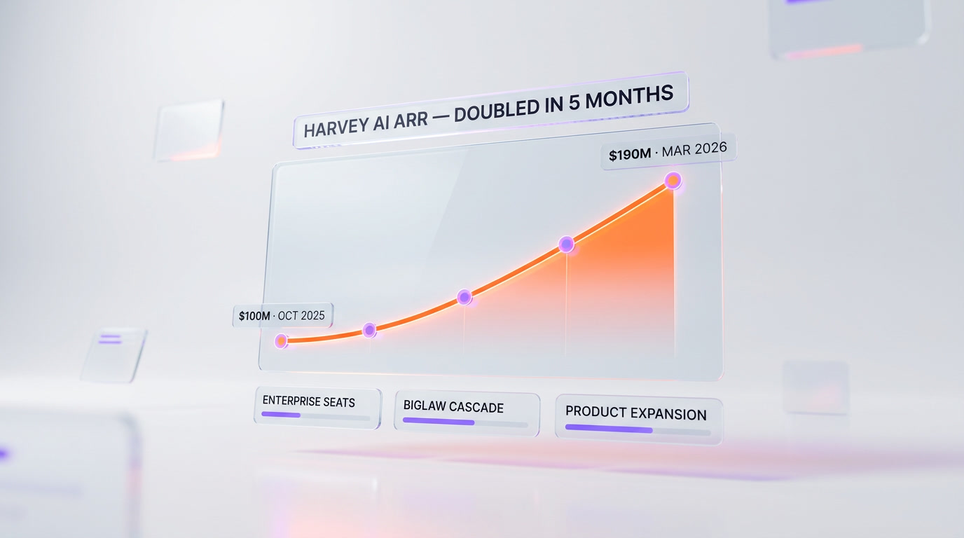 Harvey AI ARR growth chart — $100M to $190M in 5 months with 1,300 firms and 100,000 lawyers