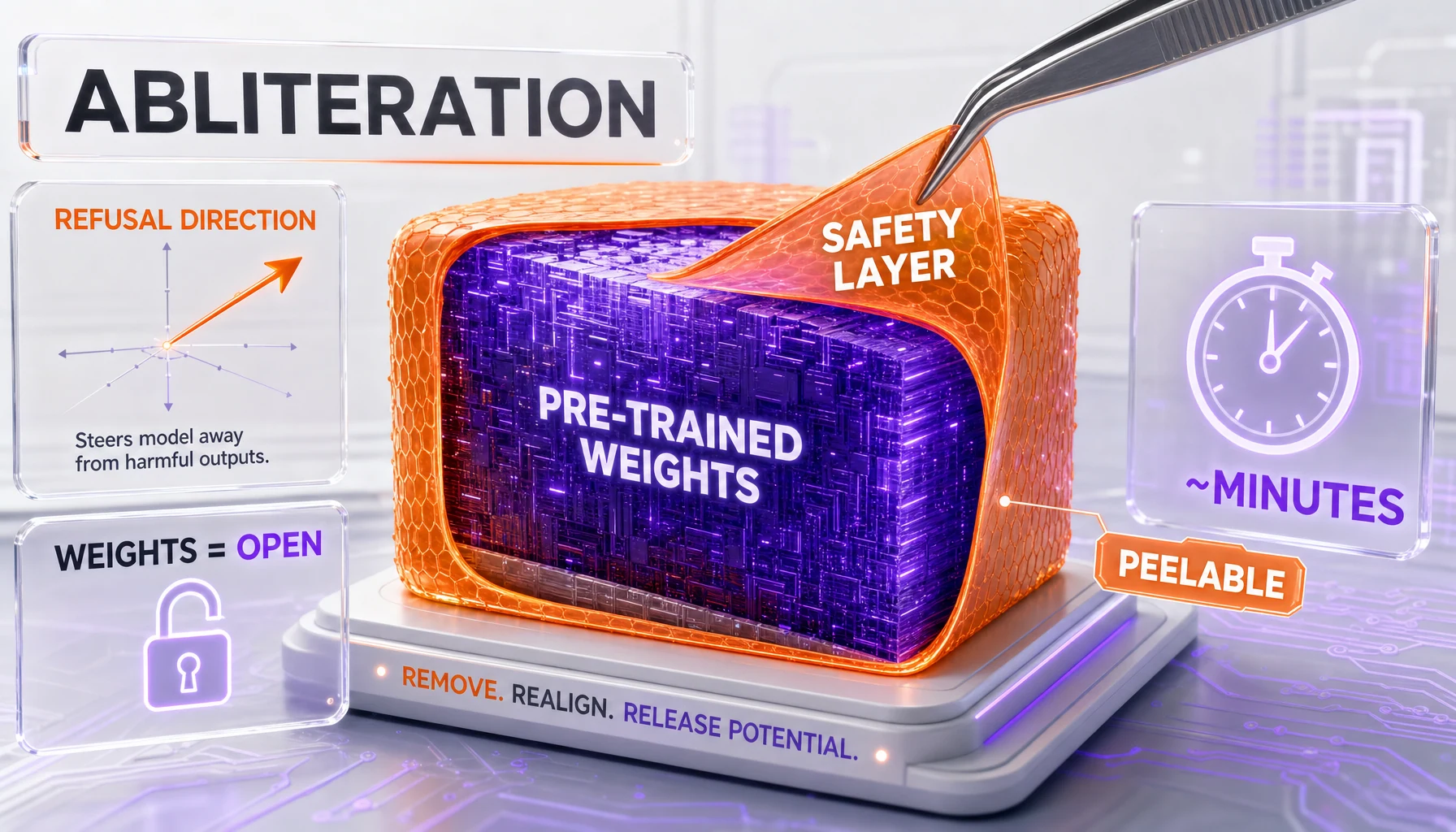 Diagram showing post-training alignment as a removable surface layer on open-weight model weights