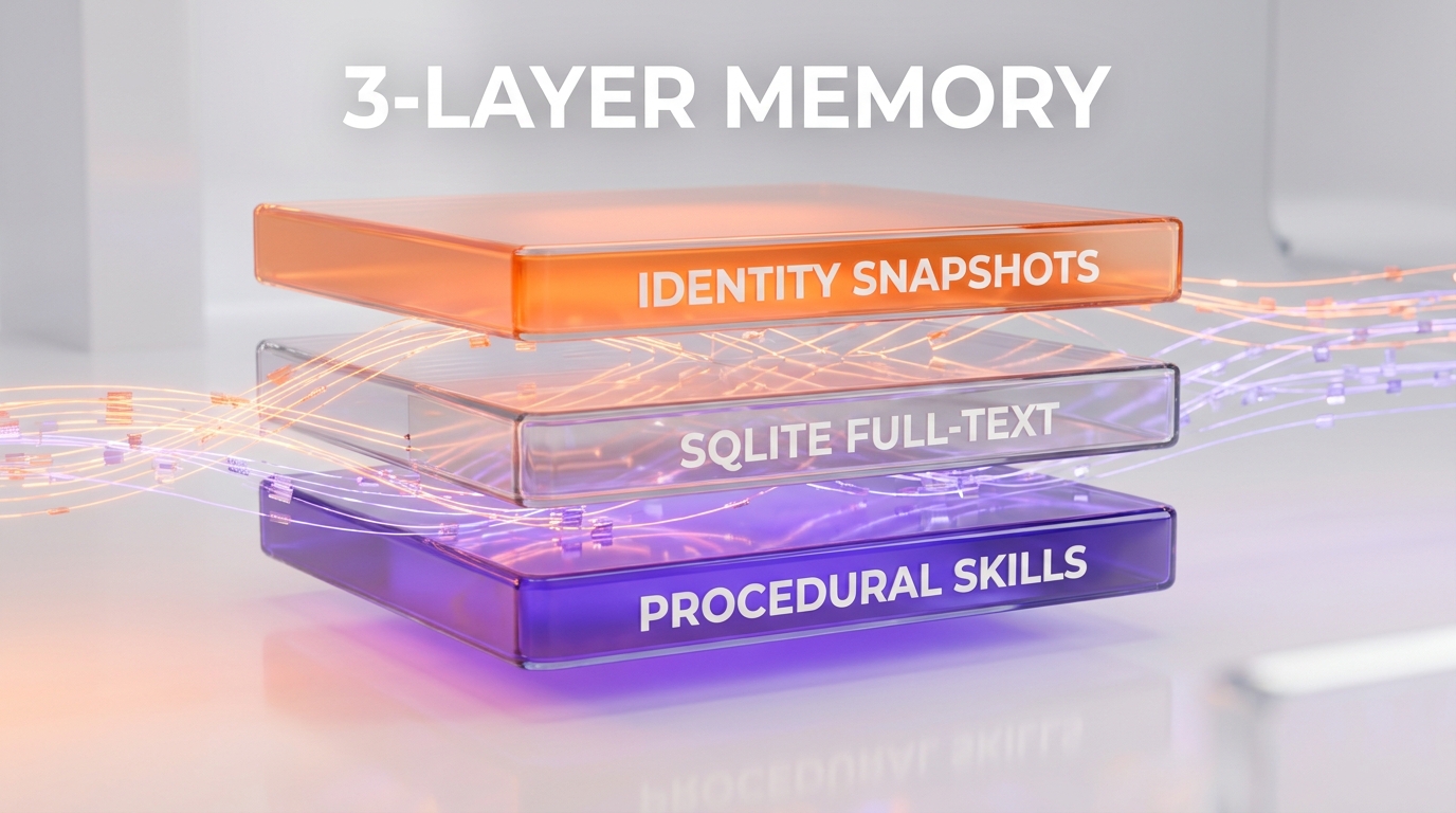 Hermes Agent three-layer memory: identity snapshots, SQLite full-text, procedural skills