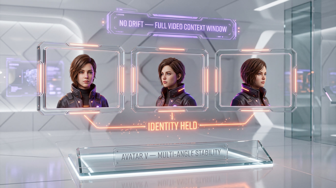 HeyGen Avatar V demo — photorealistic AI presenter generated from a 15-second phone recording, holding identity across multi-angle shots