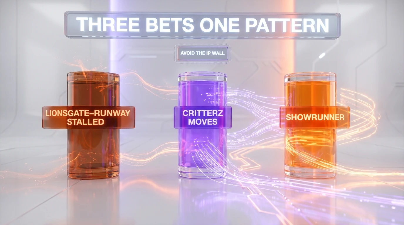Three bets one pattern: Lionsgate-Runway stalled, Critterz moves forward, Showrunner — the ones that avoid the IP wall progress