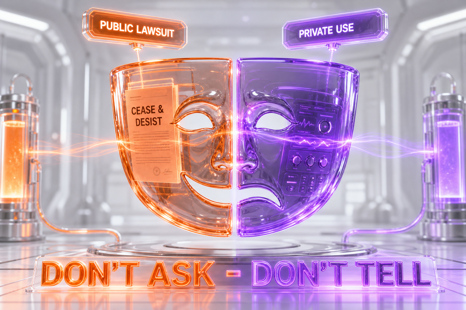 Editorial 3D illustration: a glass theater mask split into a public 'cease and desist' side and a private 'in use' side, symbolizing Hollywood's public fight with and private tolerance of ByteDance's Seedance AI video tool - Illustration