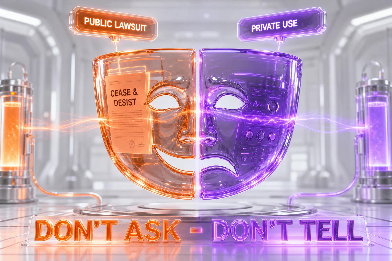 Editorial 3D illustration: a glass theater mask split into a public 'cease and desist' side and a private 'in use' side, symbolizing Hollywood's public fight with and private tolerance of ByteDance's Seedance AI video tool - Illustration