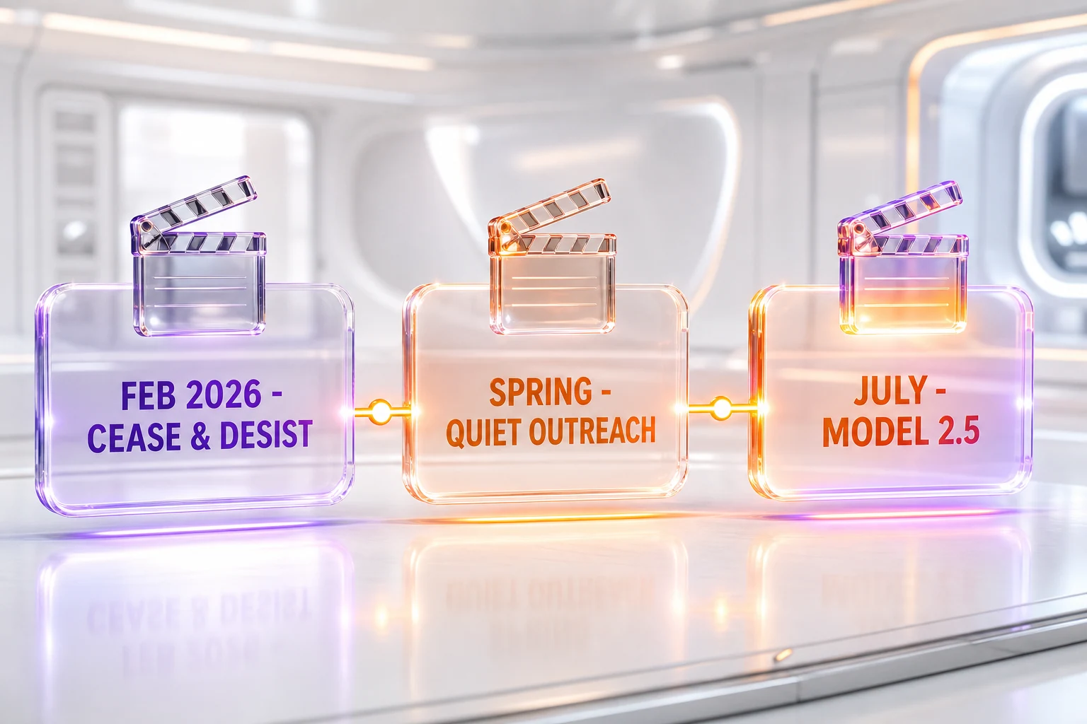 3D illustration of a three-step timeline: February 2026 cease and desist, spring 2026 quiet outreach, July 2026 model 2.5 launch - Illustration