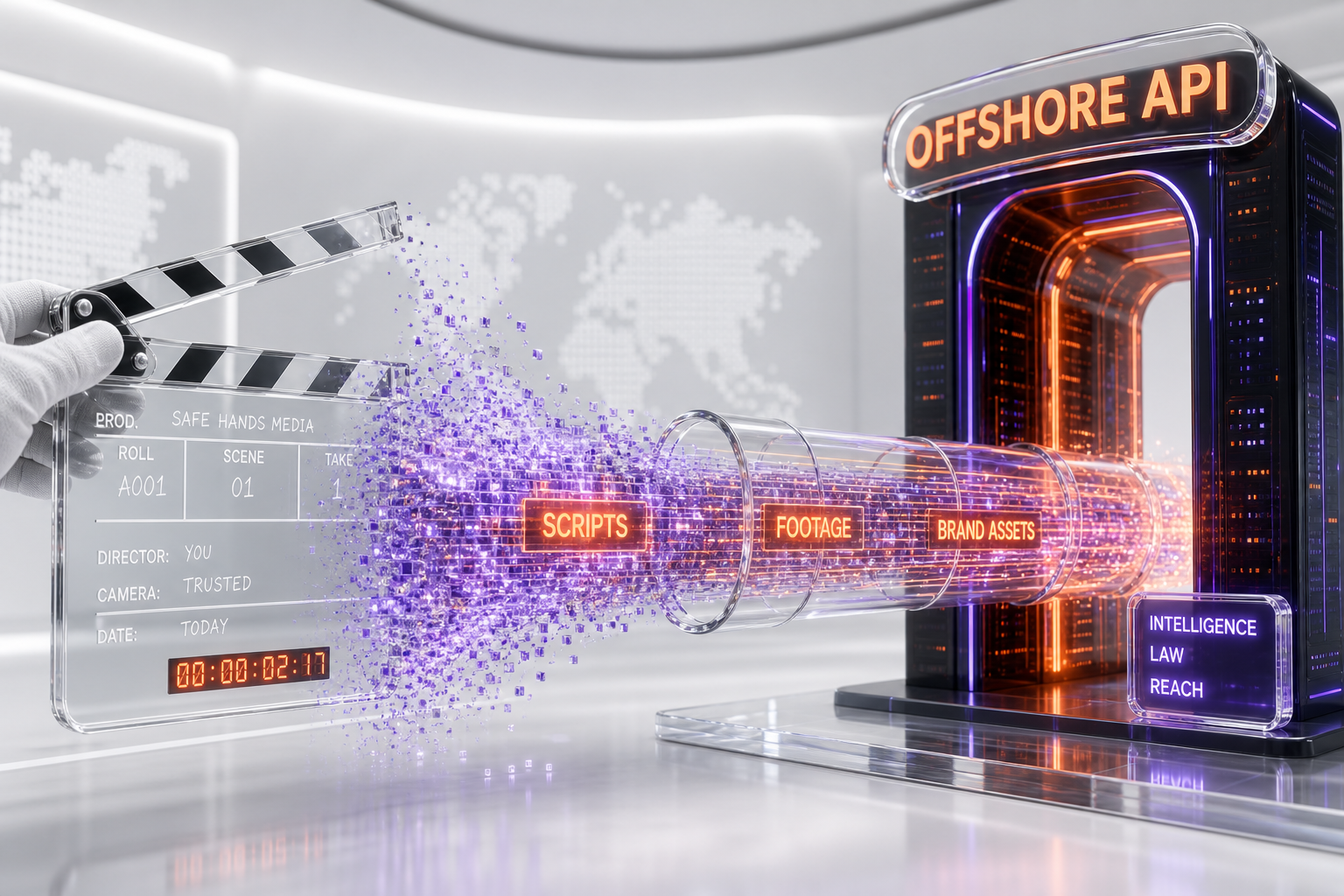 3D illustration of scripts, footage and brand assets flowing as a data stream through an offshore API gateway with an intelligence-law reach label - Illustration