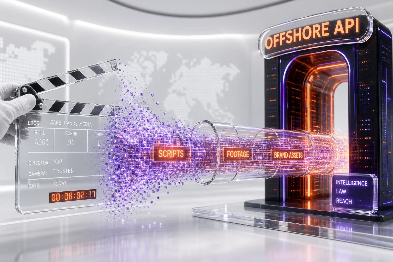 3D illustration of scripts, footage and brand assets flowing as a data stream through an offshore API gateway with an intelligence-law reach label - Illustration