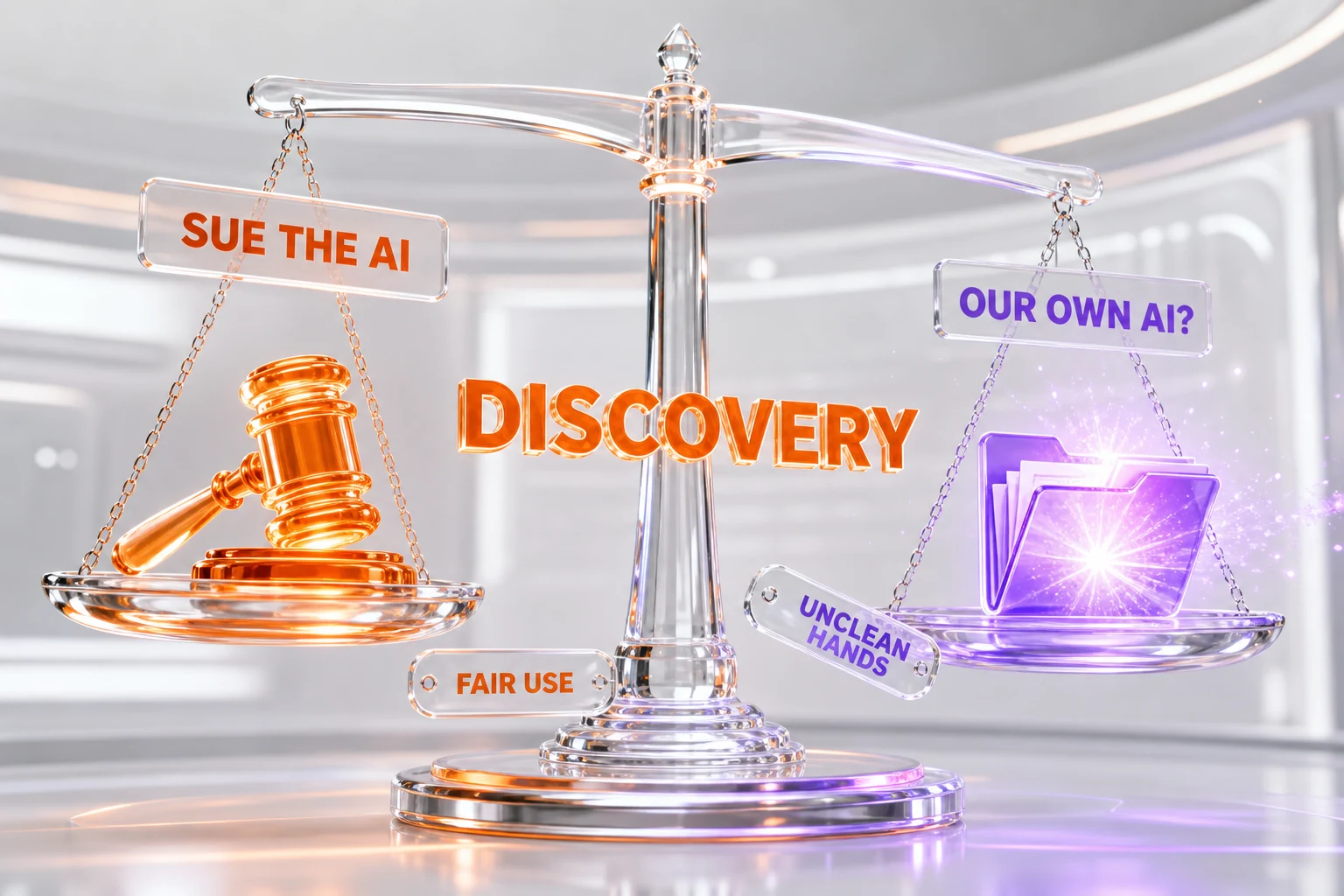 3D illustration of a balance scale weighing 'sue the AI' against 'our own AI use', with glass tags reading fair use and unclean hands - Illustration