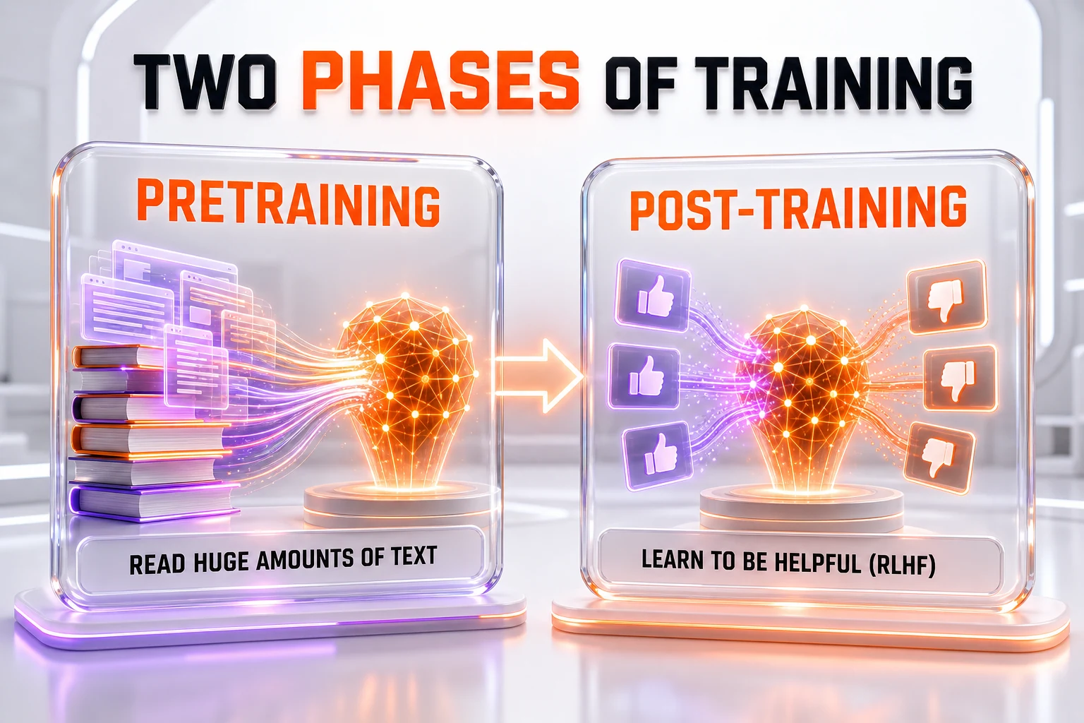 The two phases of training a large language model — pretraining then post-training with RLHF