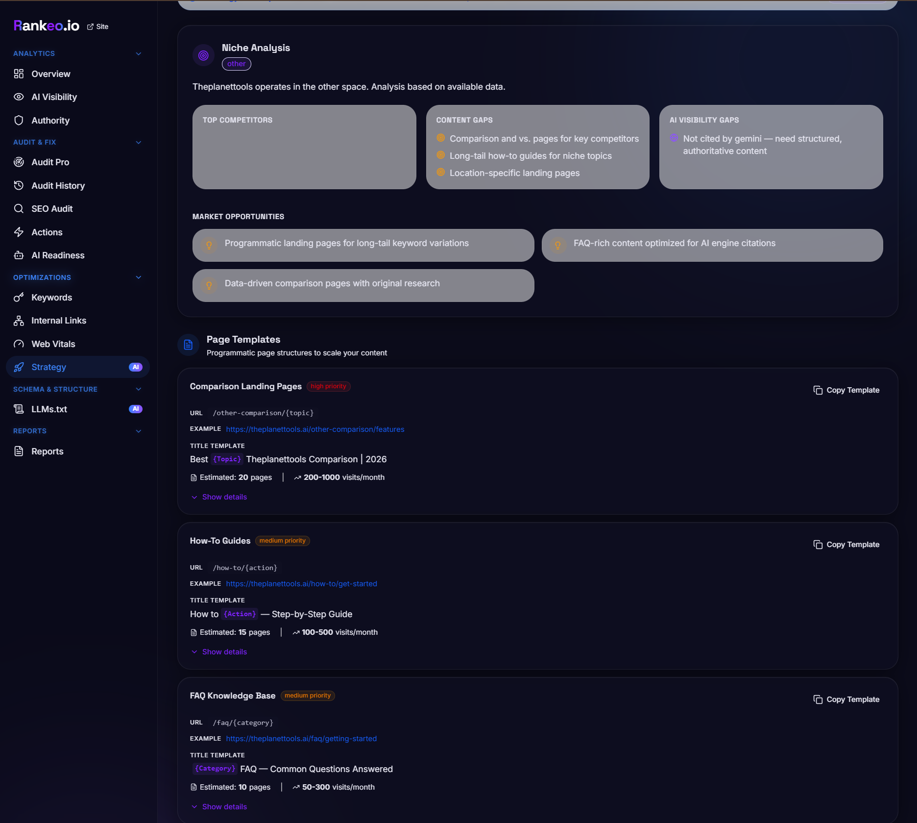 Rankeo Strategy Generator showing a comprehensive content strategy with weekly priorities