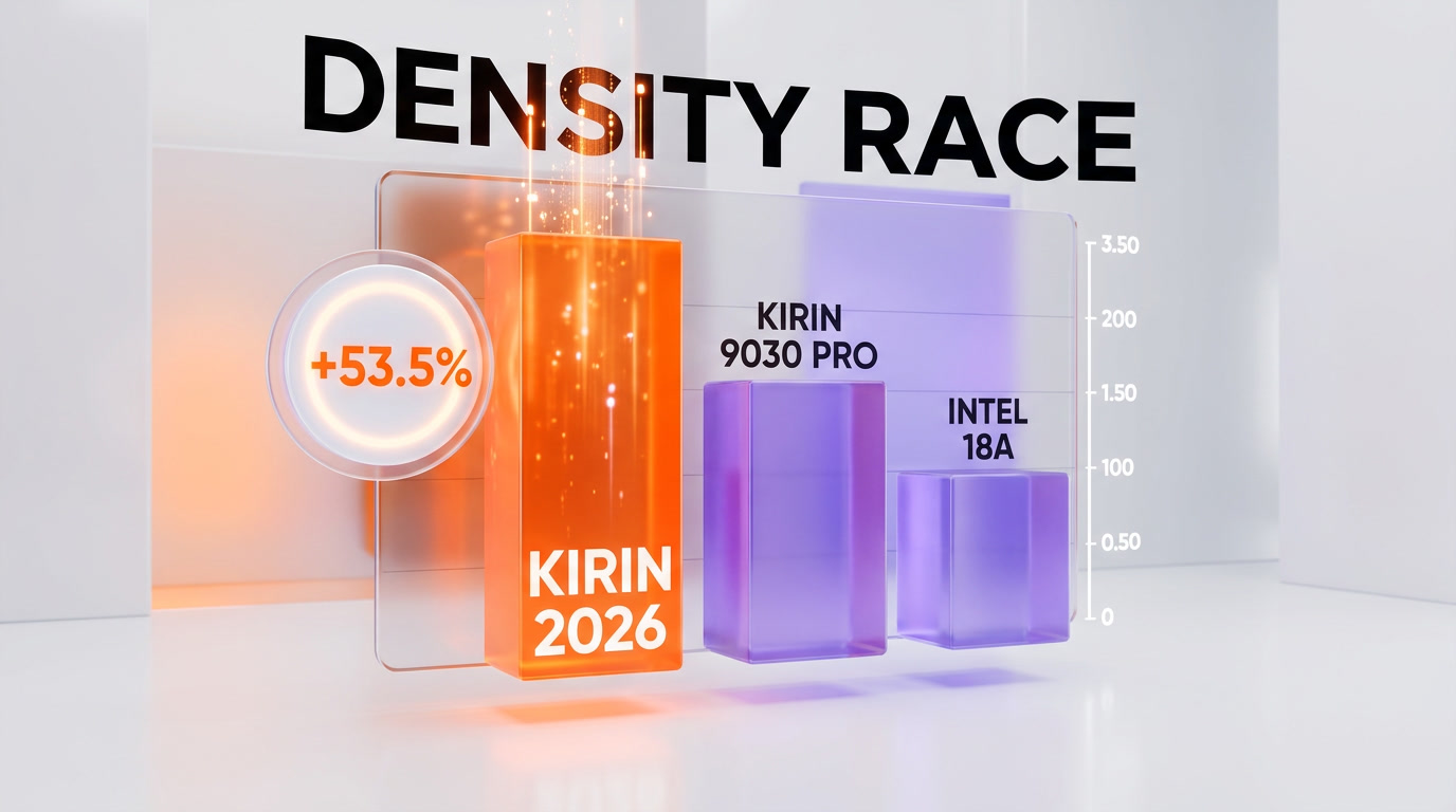 Transistor density benchmark — Kirin 2026 at 238 million per square millimeter versus Kirin 9030 Pro and Intel 18A