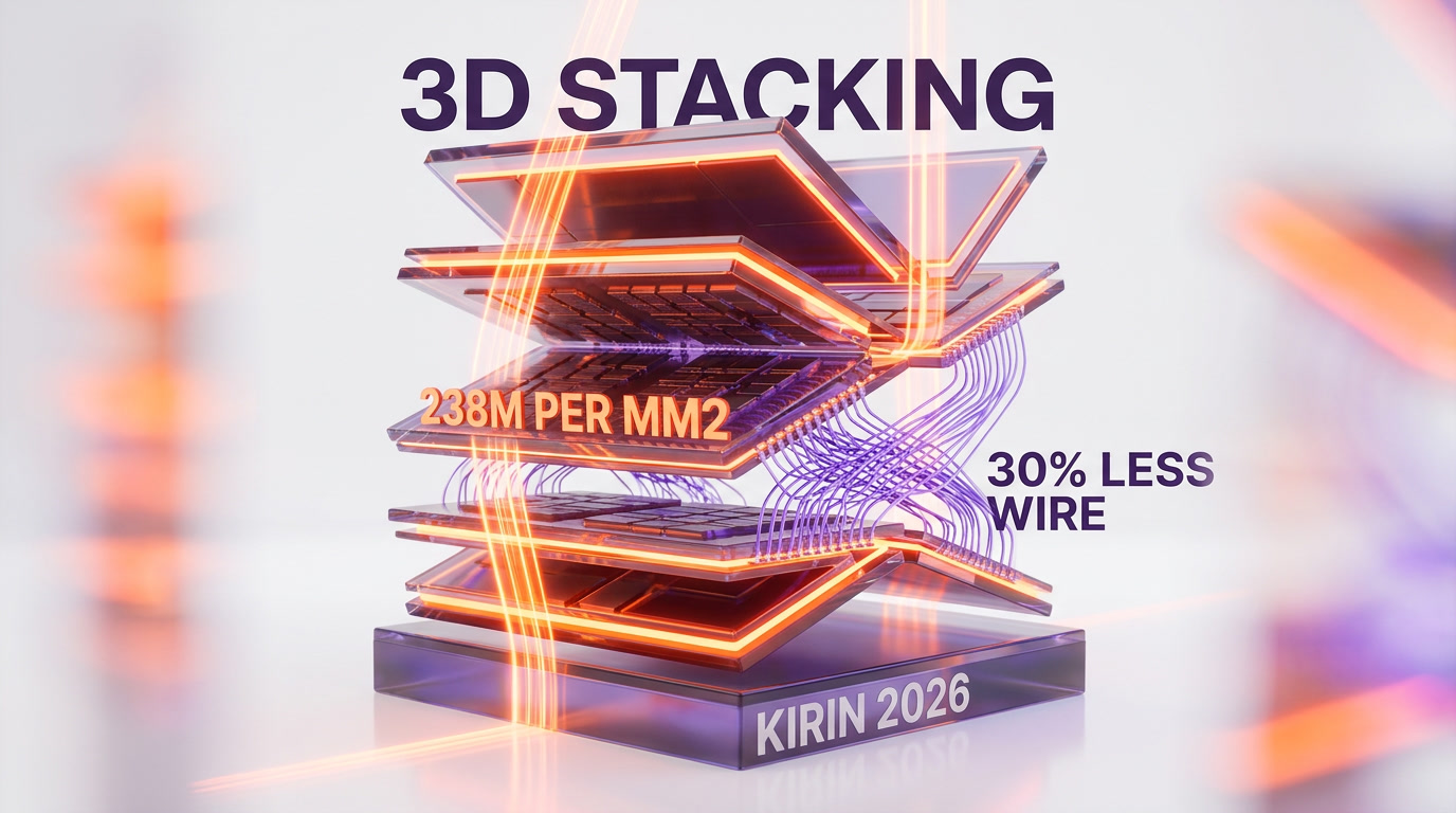 LogicFolding 3D vertical stacking architecture shortening interconnect wire length on Huawei Kirin 2026