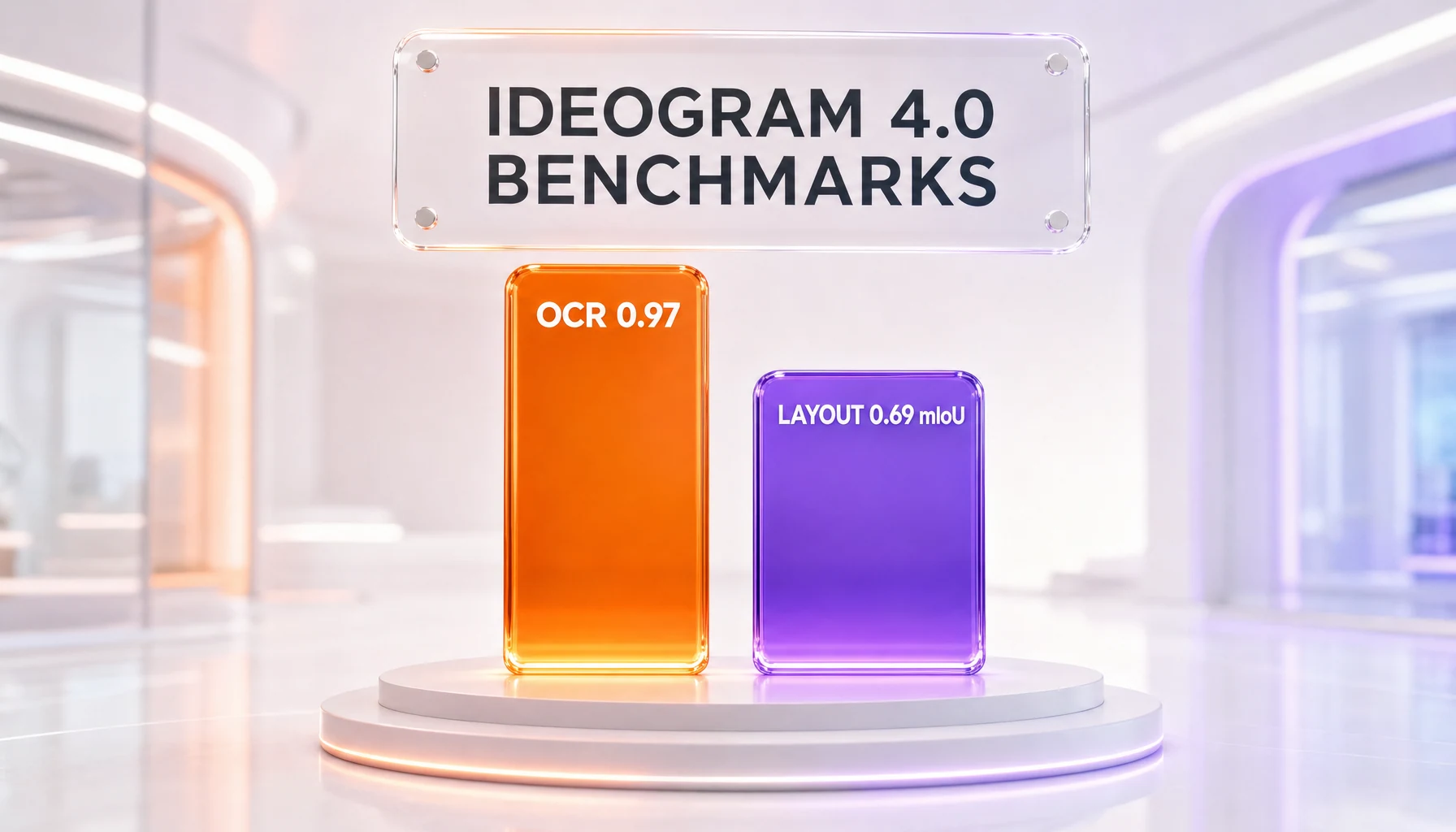 Ideogram 4.0 benchmark scores — 0.69 mIoU layout on 7Bench, 0.97 English OCR, 0.76 spatial reasoning, 0.89 prompt alignment