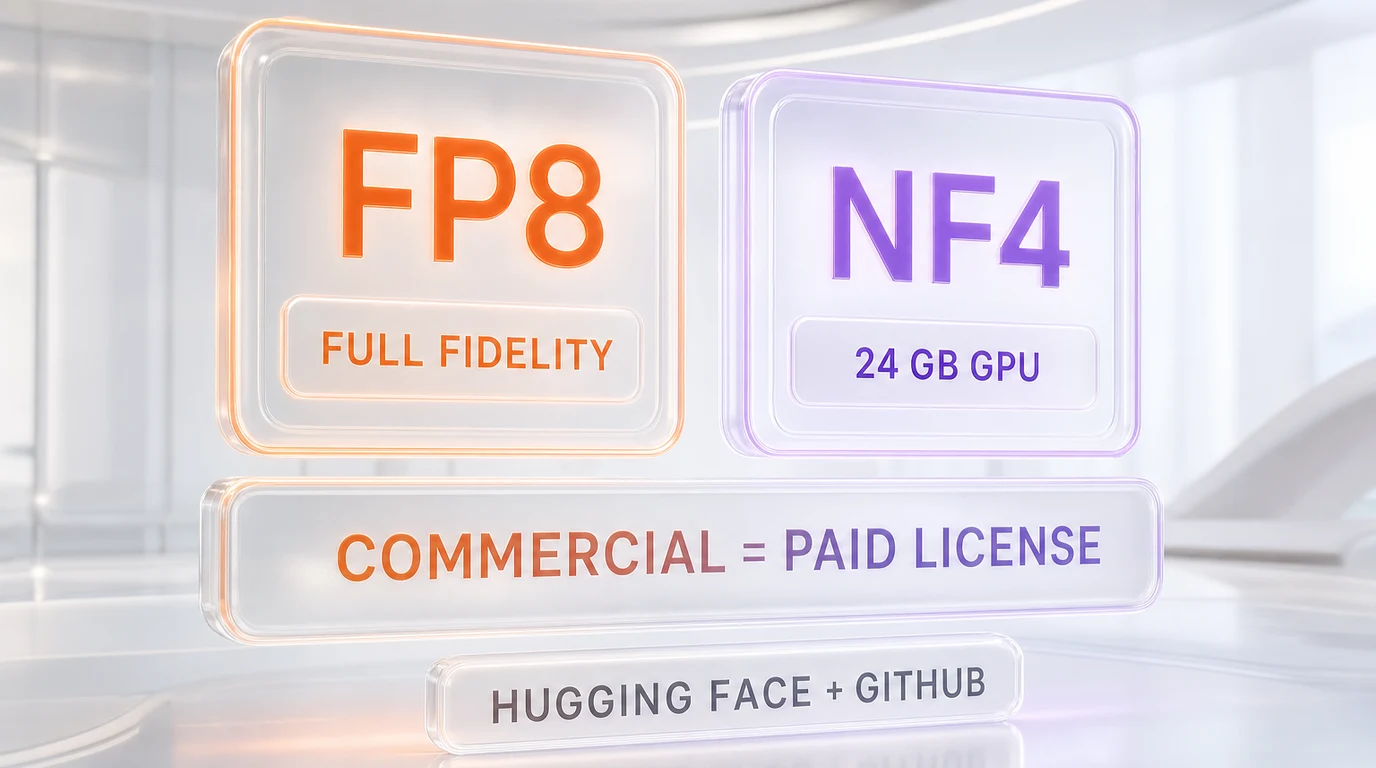 Ideogram 4.0 open-weight tiers — fp8 and nf4 checkpoints, nf4 runs on a single 24 GB GPU, commercial use requires a paid license