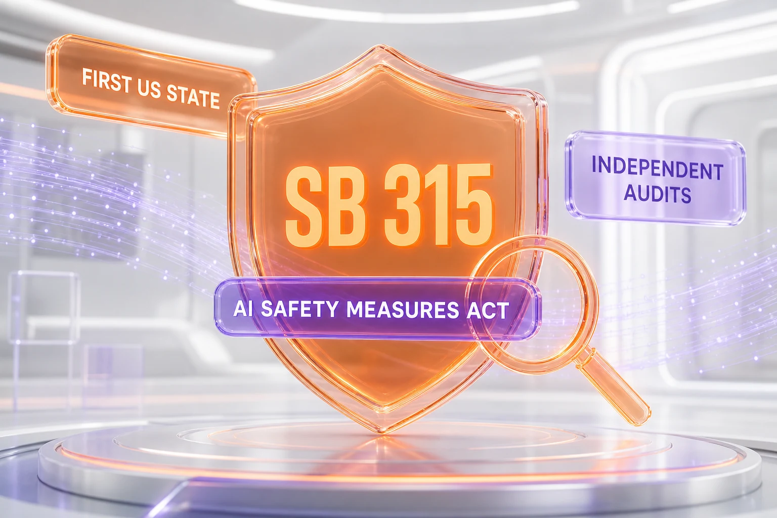 Editorial 3D illustration of Illinois SB 315, the AI Safety Measures Act, as the first US state law mandating independent third-party AI safety audits, July 2026