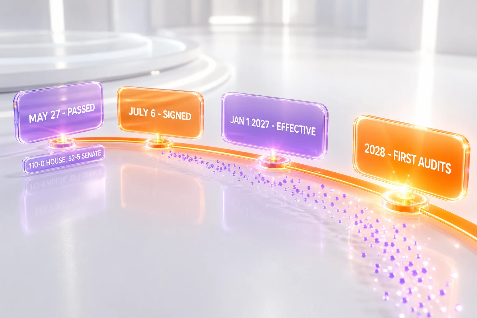 Timeline of Illinois SB 315 from May 27, 2026 passage through the July 6, 2026 signing to the January 1, 2027 effective date and first audits in 2028