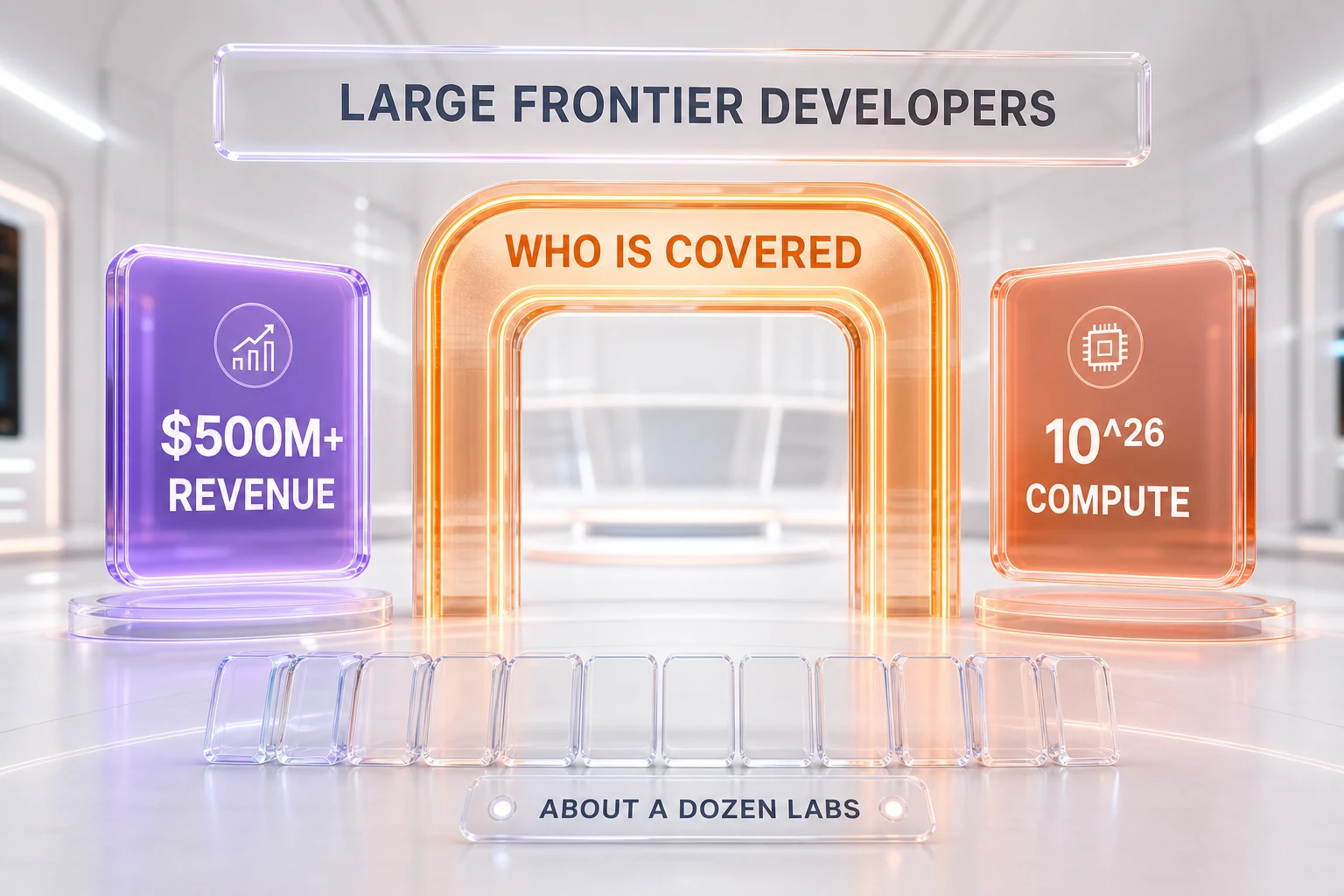 Conceptual diagram of which AI developers Illinois SB 315 covers: more than $500 million revenue and models trained above 10^26 operations, about a dozen frontier labs