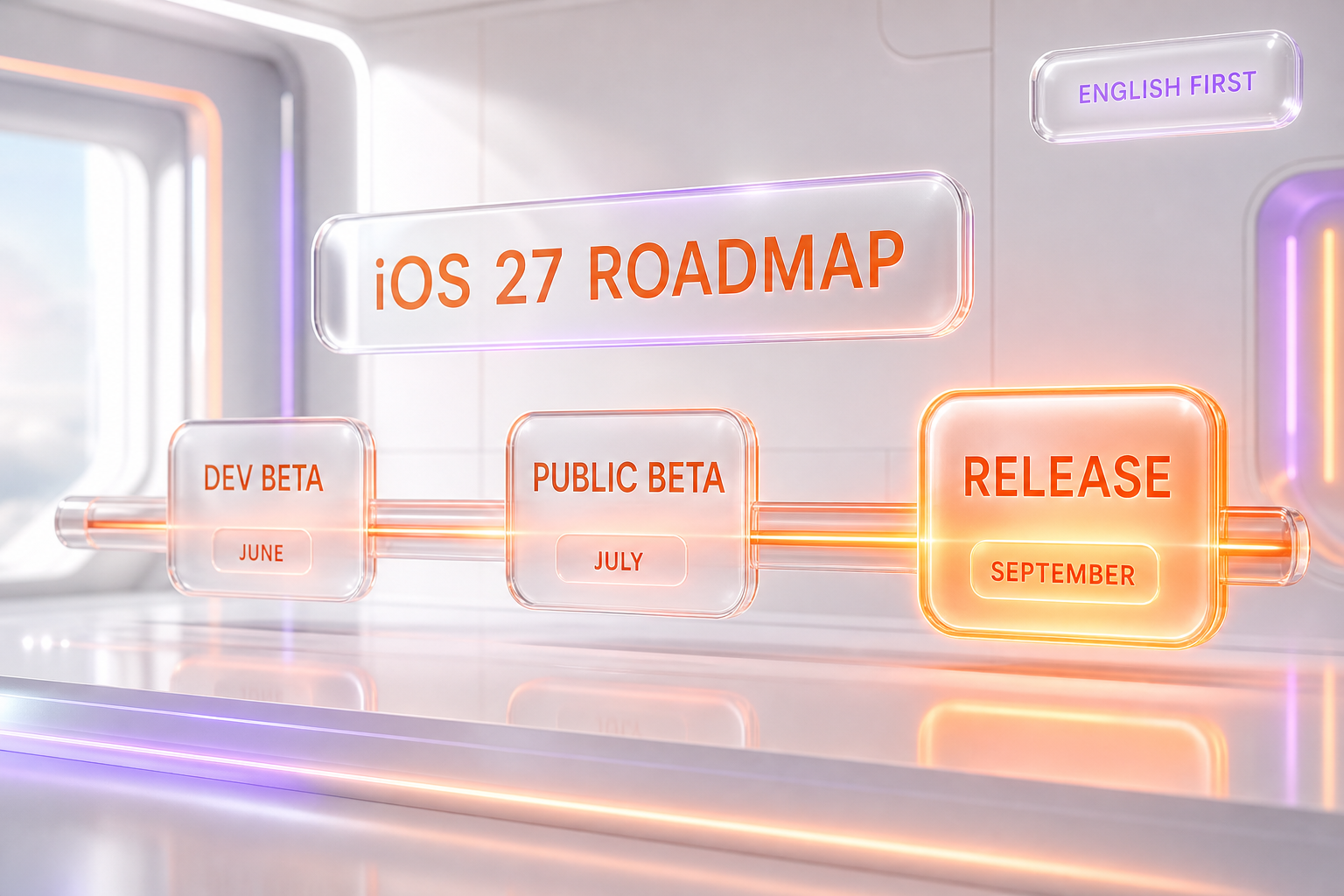 Timeline chart of iOS 27 milestones from developer beta in June 2026 to public beta in July to stable release in September 2026