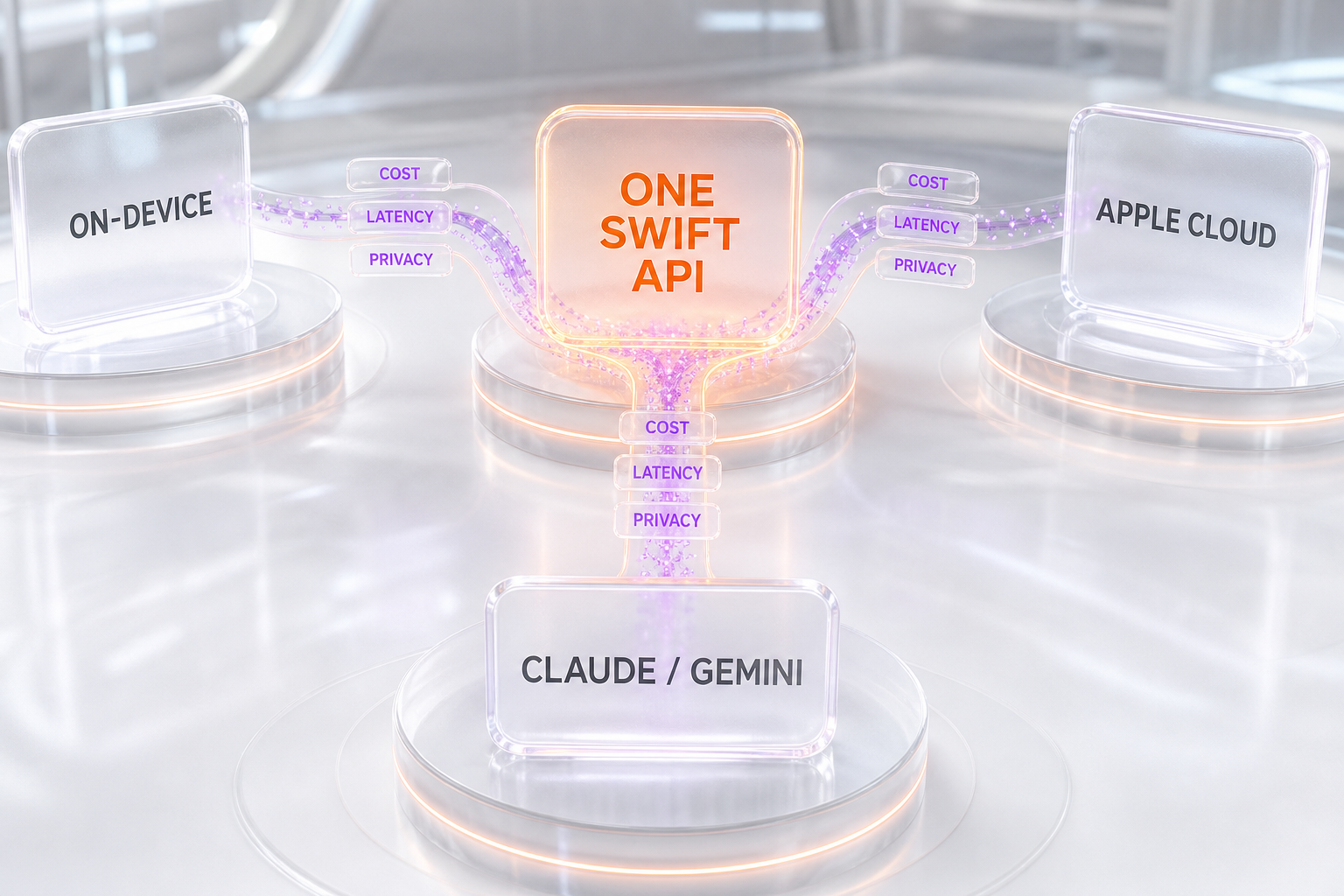 Diagram of one Swift API routing a request to on-device model, Apple cloud tier, or frontier models Claude and Gemini based on cost, latency, and privacy