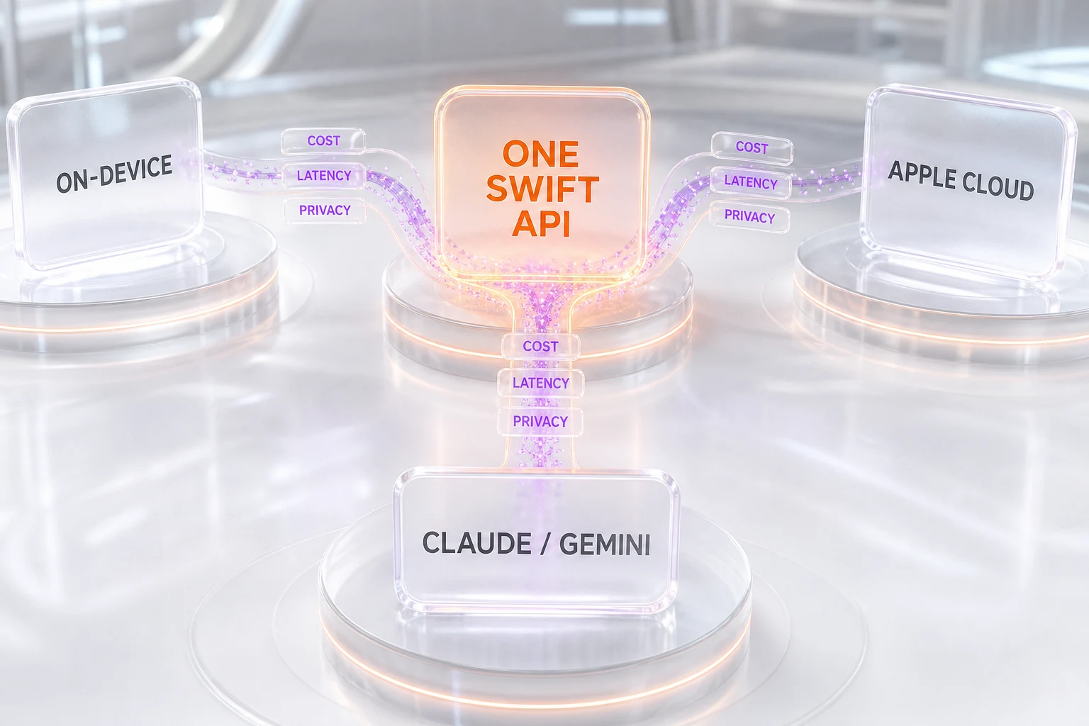 Diagram of one Swift API routing a request to on-device model, Apple cloud tier, or frontier models Claude and Gemini based on cost, latency, and privacy