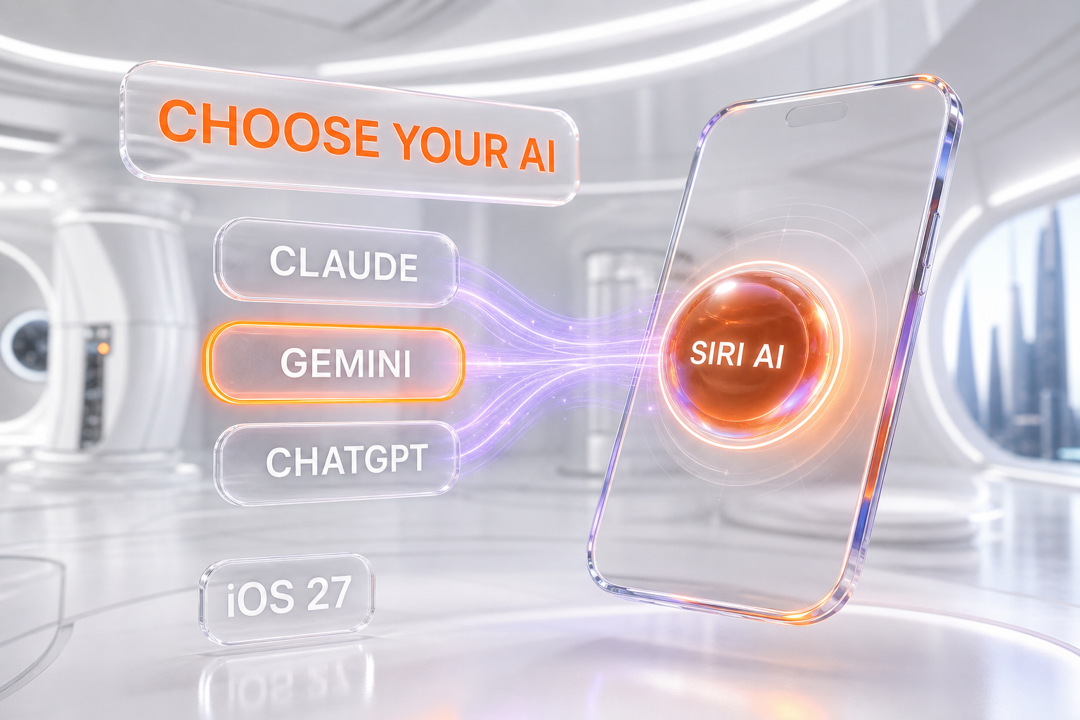 iPhone running iOS 27 Siri AI with Claude, Gemini, and ChatGPT text labels floating above a model-picker interface