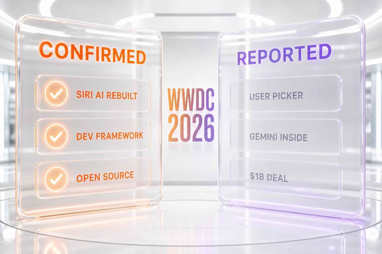 Split infographic listing iOS 27 features confirmed by Apple at WWDC 2026 versus features still reported but unconfirmed