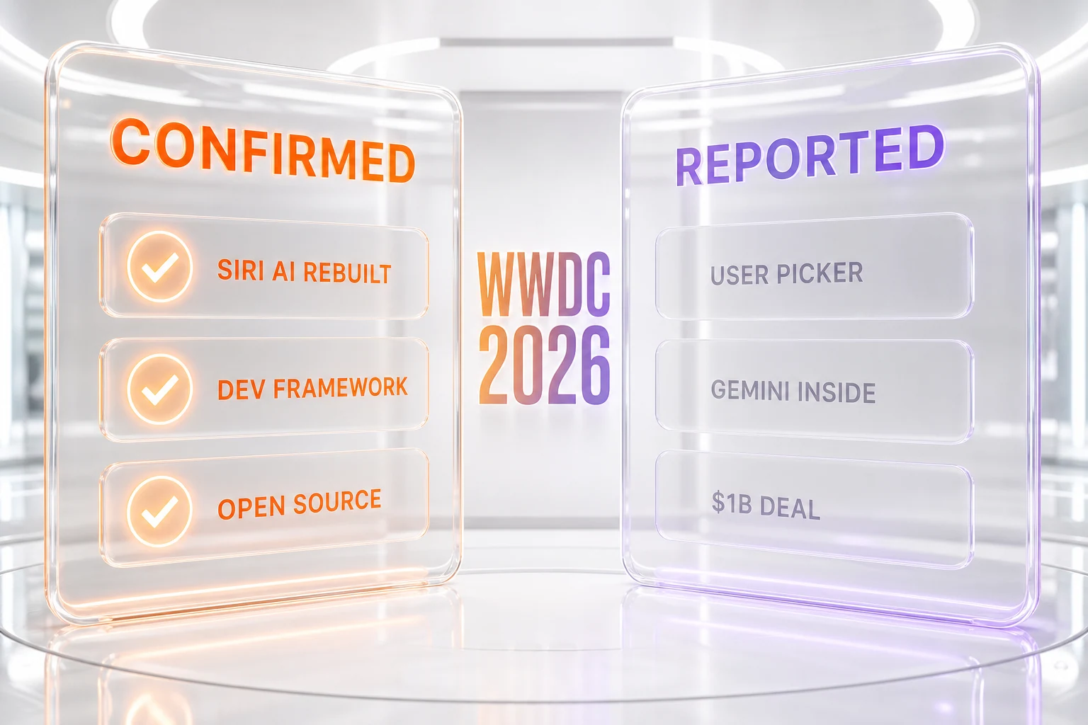 Split infographic listing iOS 27 features confirmed by Apple at WWDC 2026 versus features still reported but unconfirmed