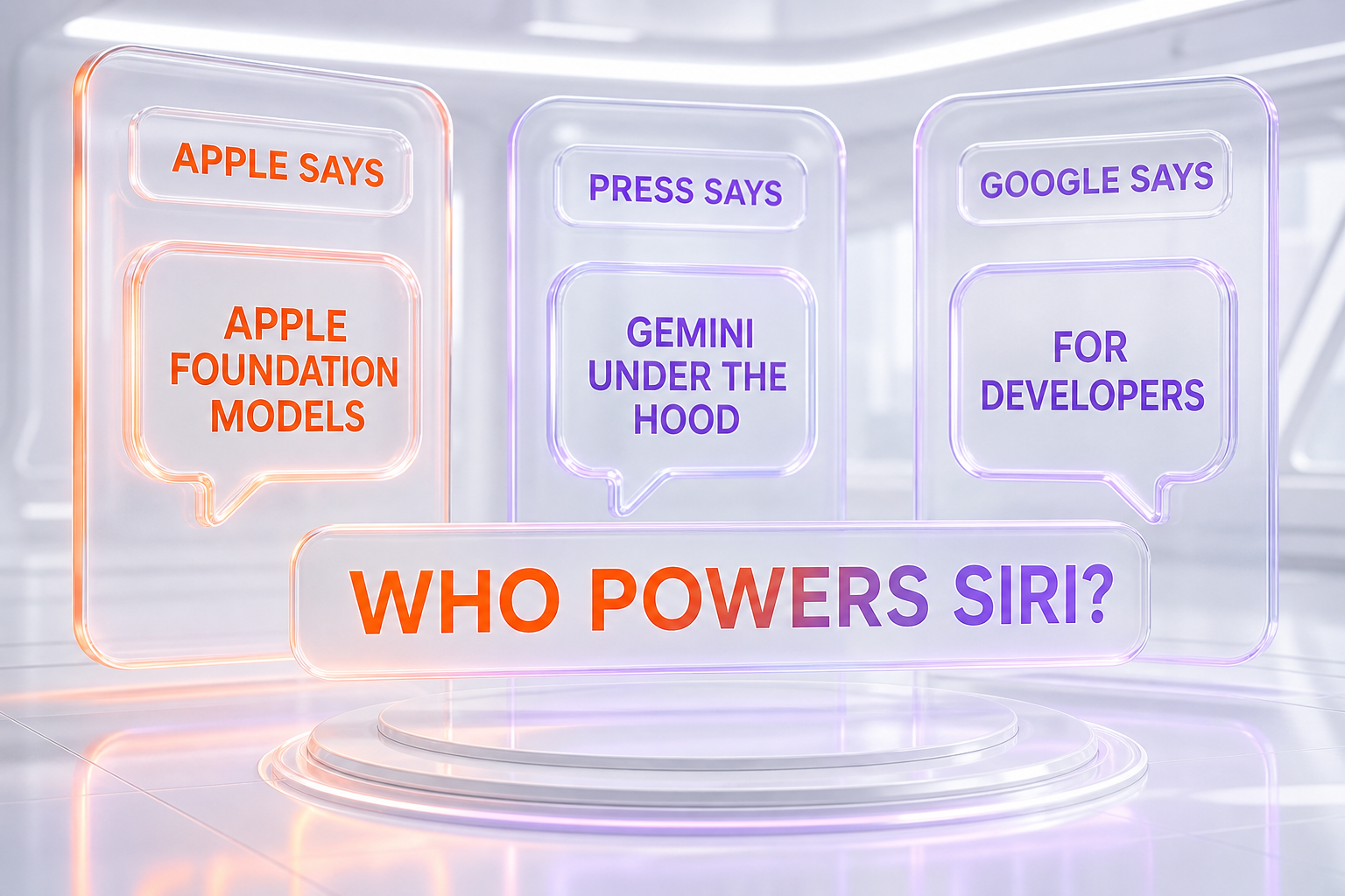 Three-column visual comparing how Apple, the press, and Google each describe what powers Siri AI in iOS 27