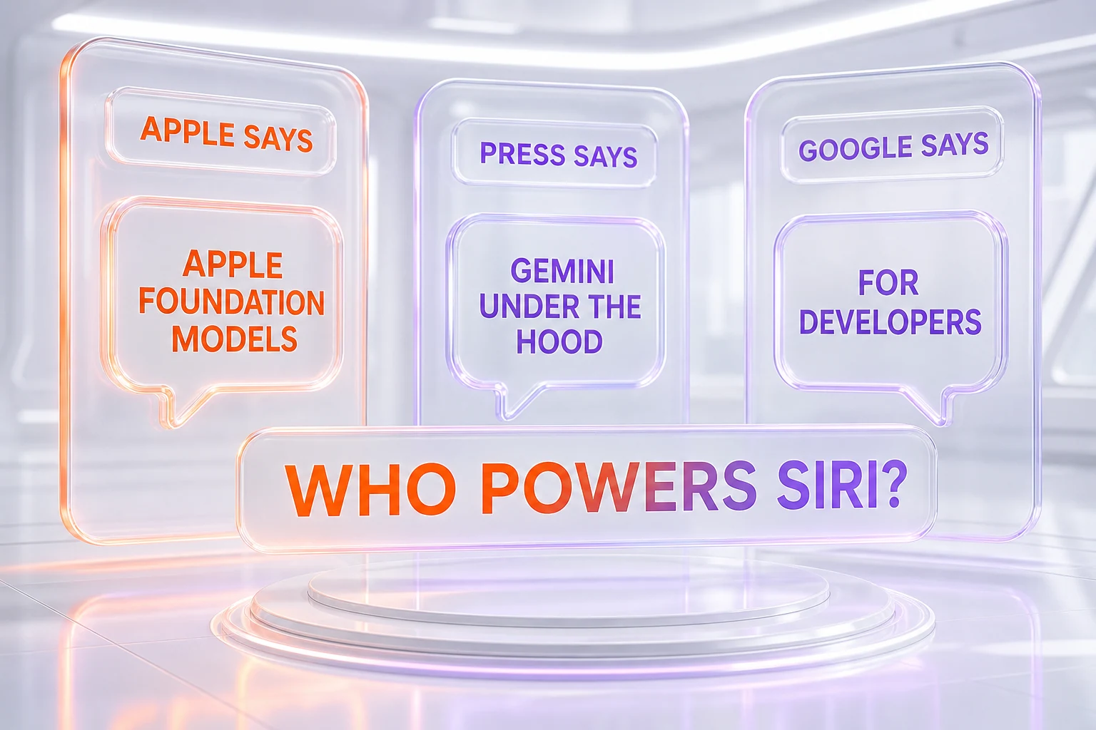 Three-column visual comparing how Apple, the press, and Google each describe what powers Siri AI in iOS 27