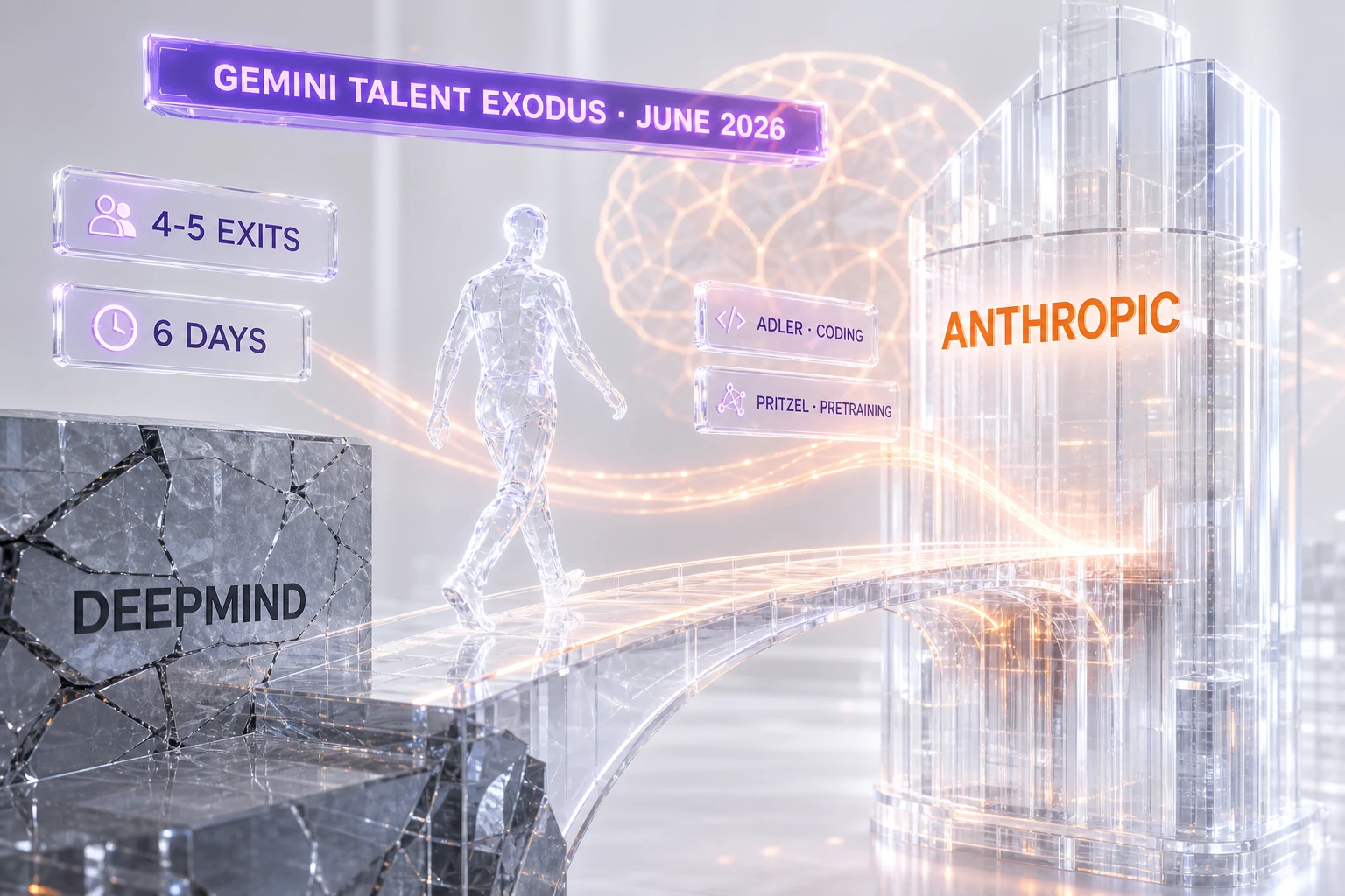 Google DeepMind talent exodus to Anthropic — abstract editorial illustration