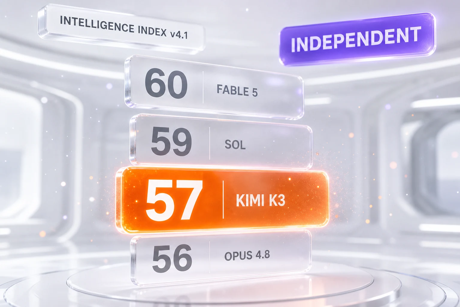 Artificial Analysis Intelligence Index v4.1: Claude Fable 5 at 60, GPT-5.6 Sol at 59, Kimi K3 at 57, Claude Opus 4.8 at 56