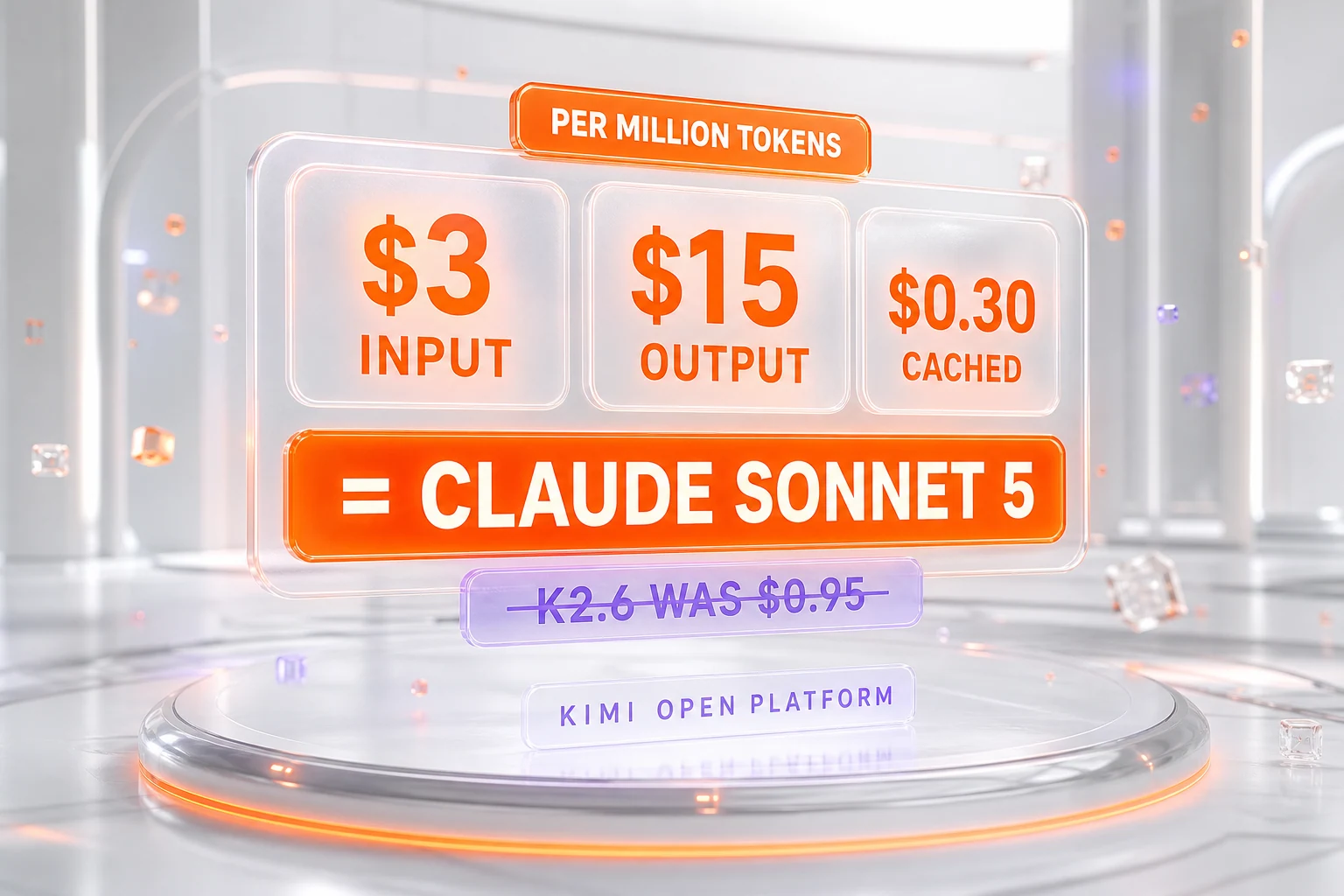 Kimi K3 pricing: $3 per million input tokens, $15 per million output, matching Claude Sonnet 5, up from Kimi K2.6 at $0.95