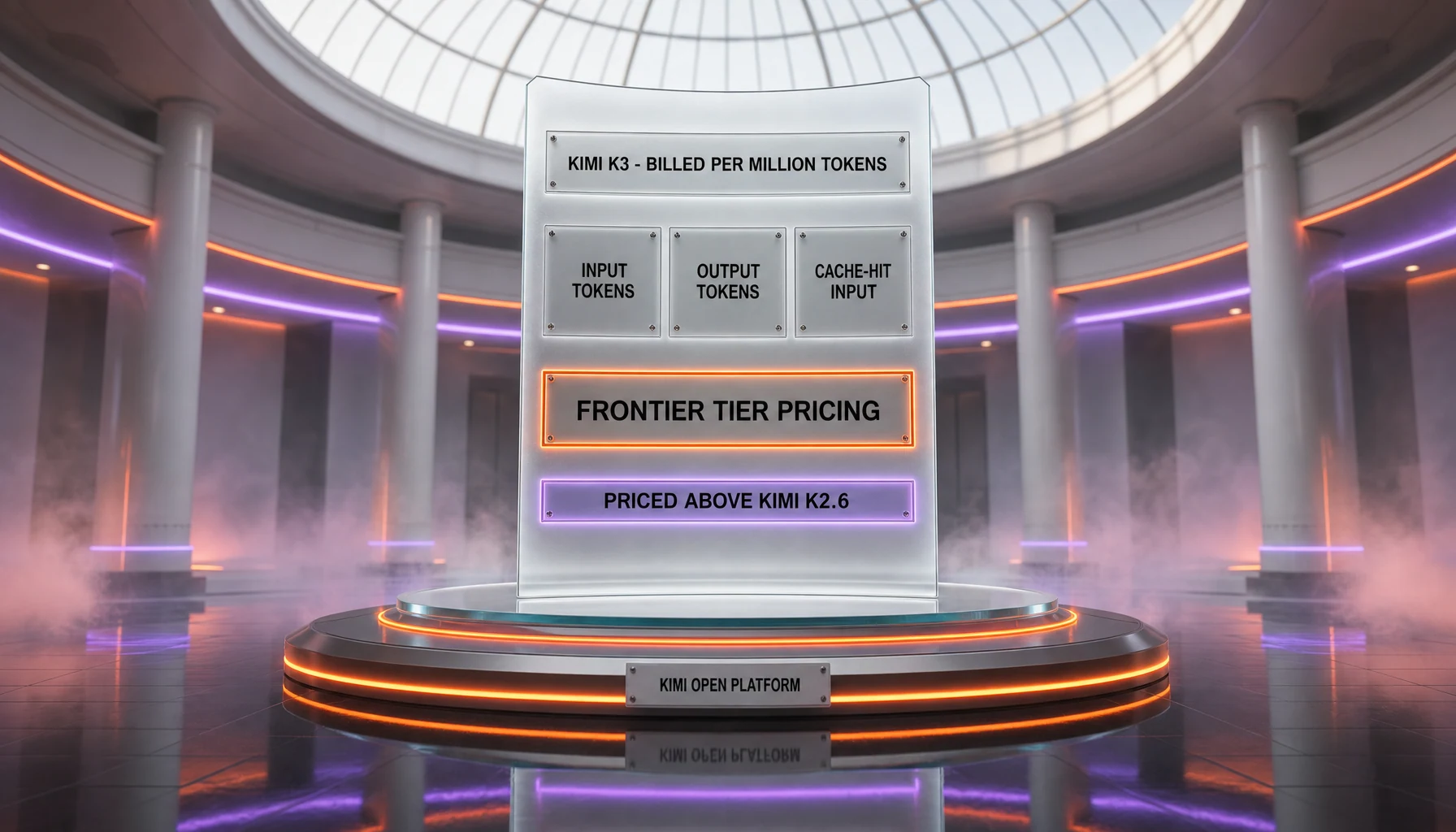 Kimi K3 pricing on the Kimi Open Platform — billed per million tokens on input, output and cache-hit input, at frontier-tier rates above Kimi K2.6